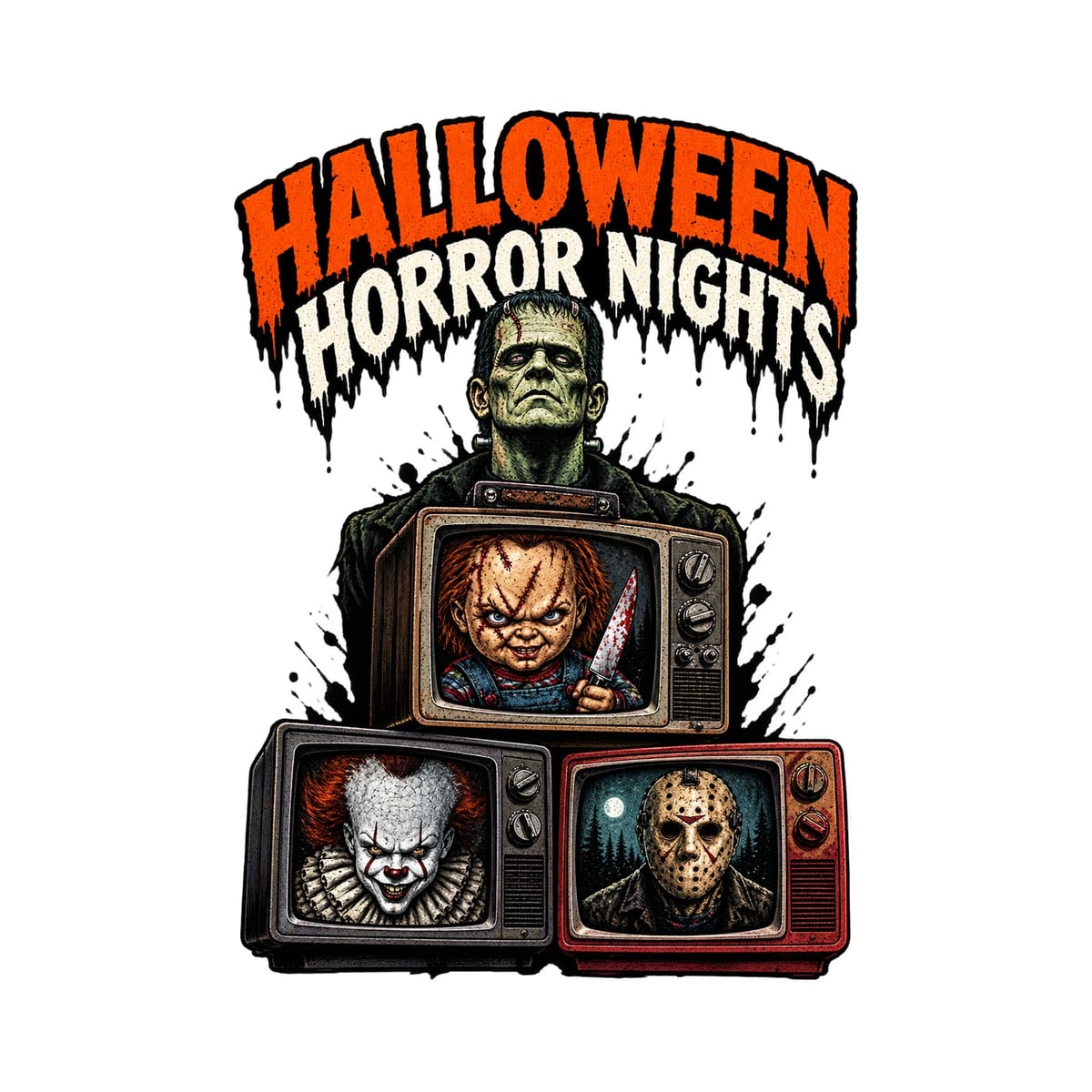 Koszulka damska biała Halloween Frankenstein telewizory horror prezent, zdjęcie 2