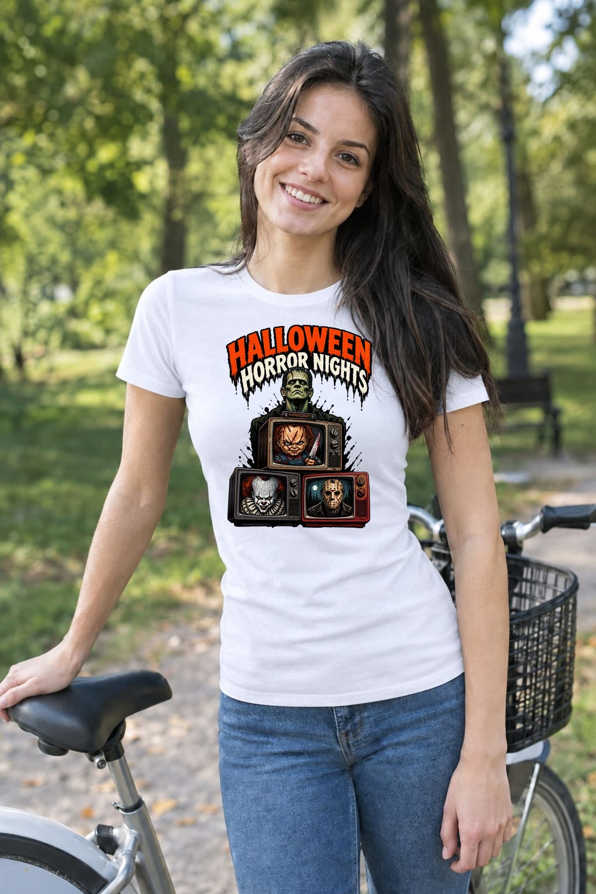 Koszulka damska biała Halloween Frankenstein telewizory horror prezent, zdjęcie 5