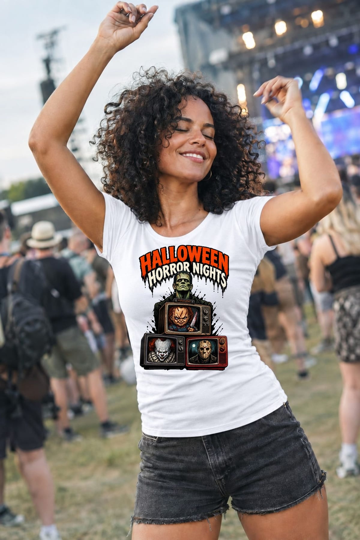 Koszulka damska biała Halloween Frankenstein telewizory horror prezent, zdjęcie 6