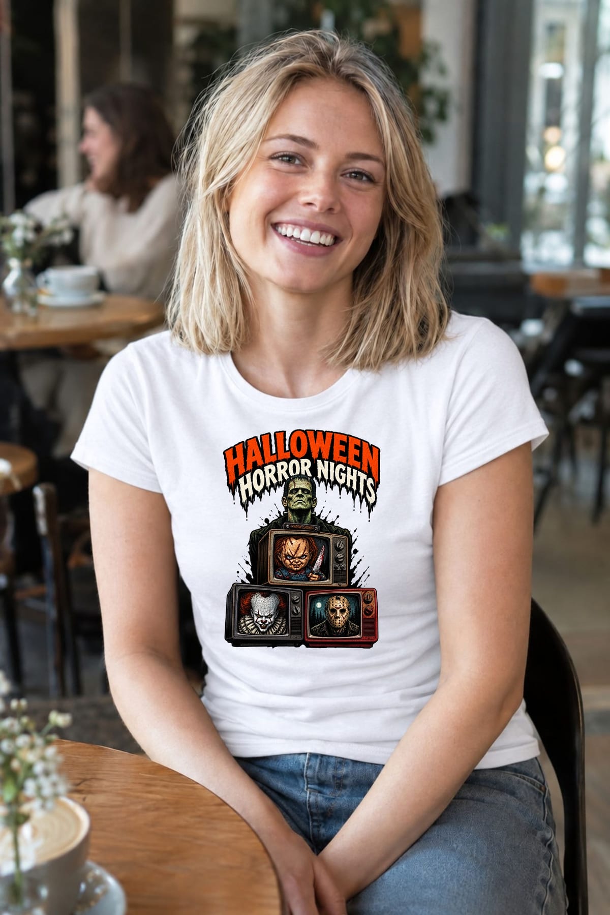Koszulka damska biała Halloween Frankenstein telewizory horror prezent, zdjęcie 7