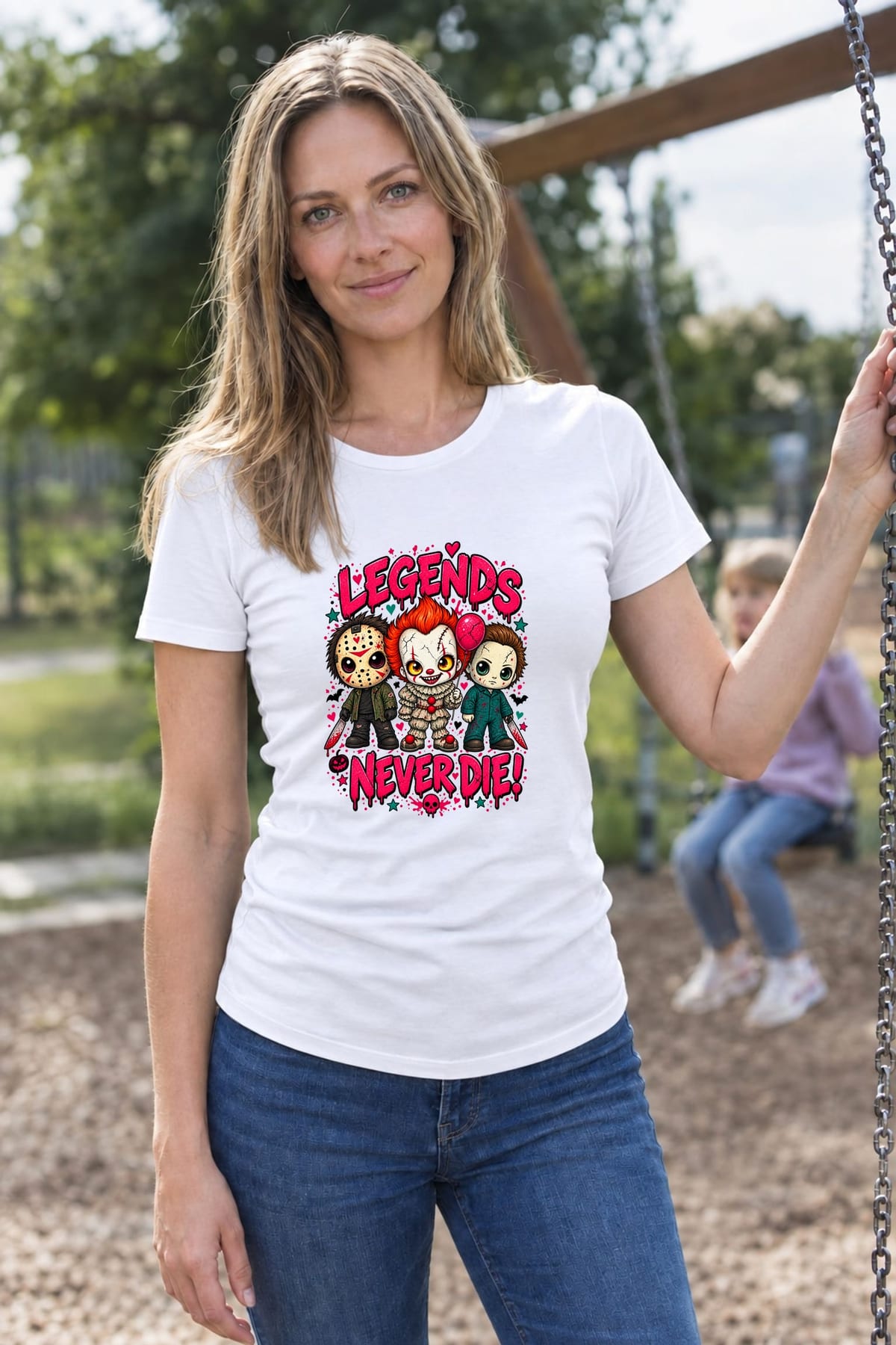 Koszulka damska biała Halloween chibi mordercy z maczetą klaun prezent, zdjęcie 6