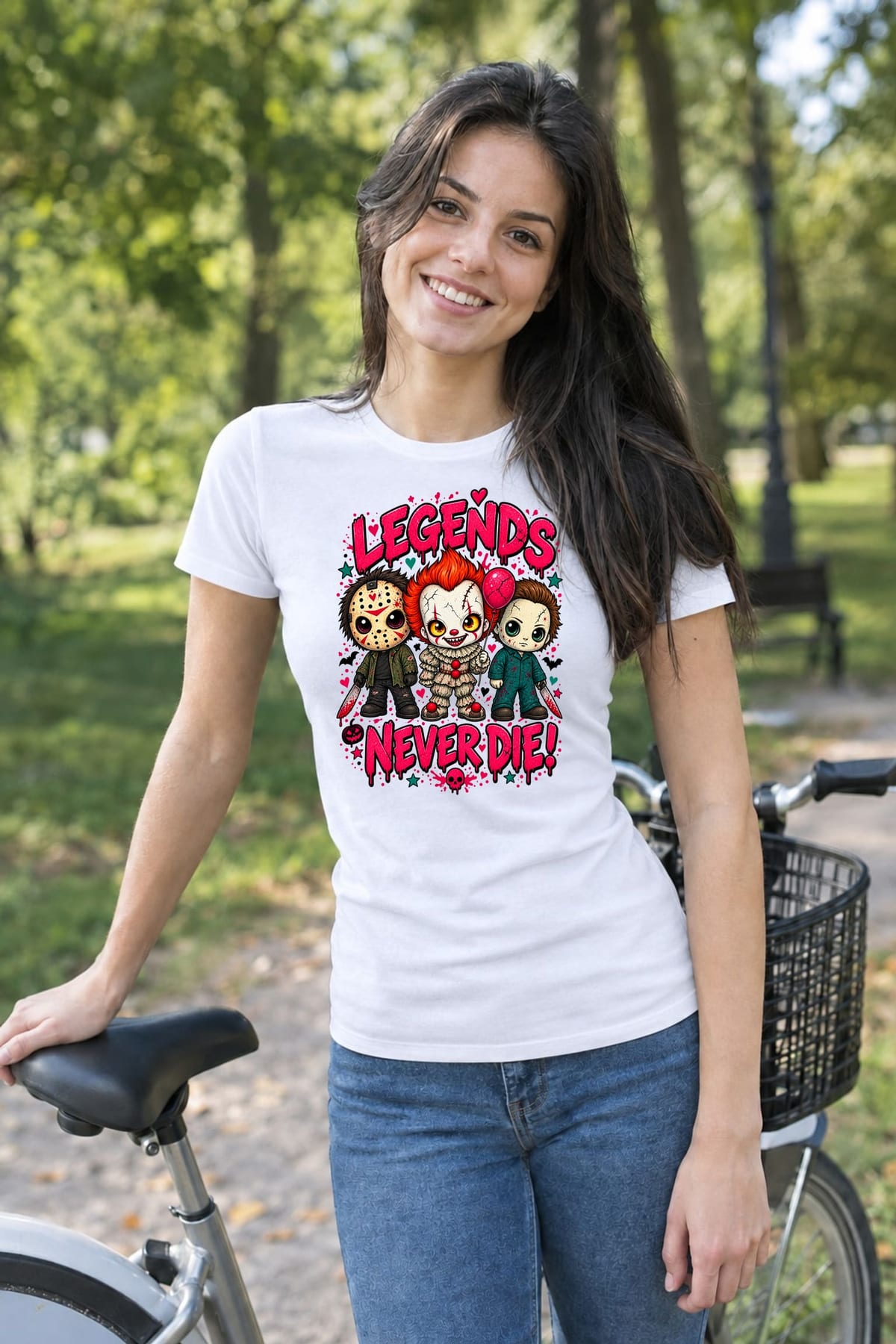 Koszulka damska biała Halloween chibi mordercy z maczetą klaun prezent, zdjęcie 7