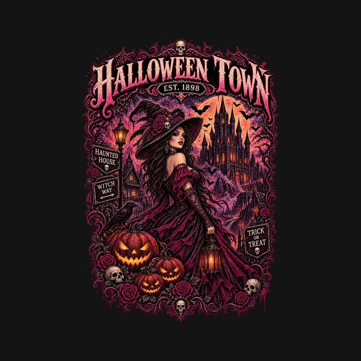 Koszulka damska czarna Halloween czarownica zamek dynie prezent, zdjęcie 2