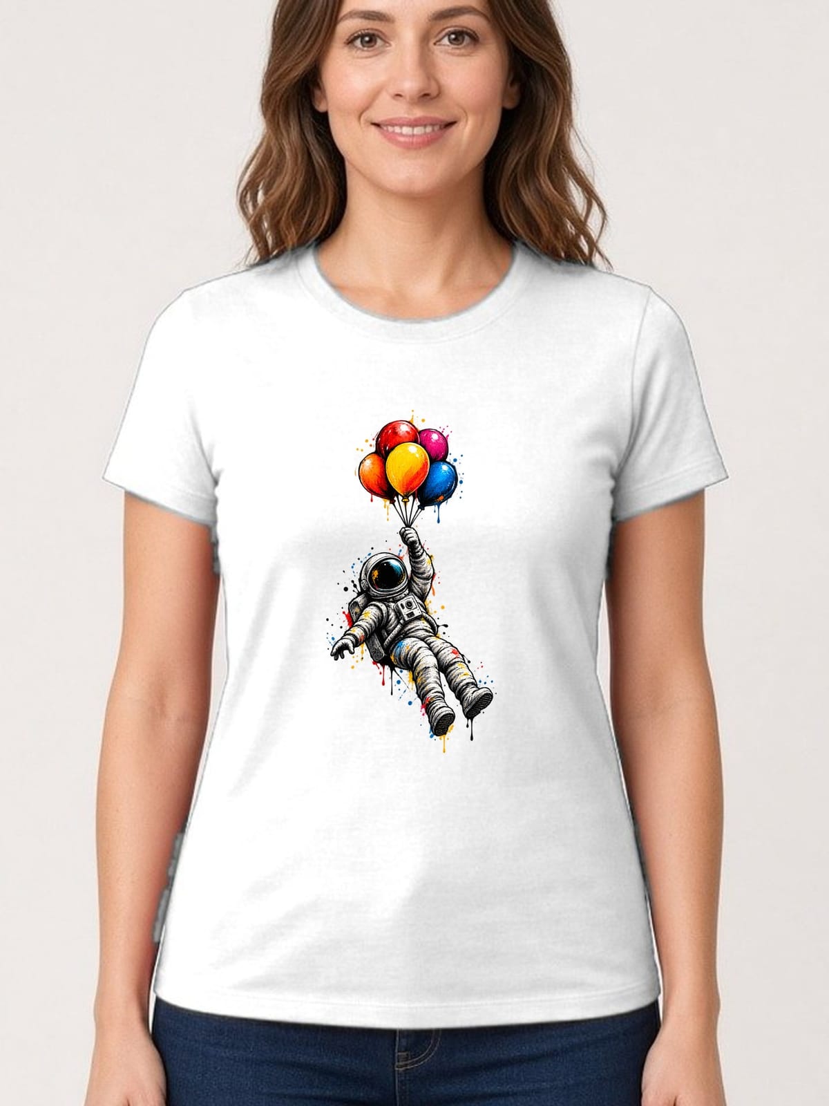 Koszulka damska biała astronautka z balonami kosmos śmieszna prezent, zdjęcie 1