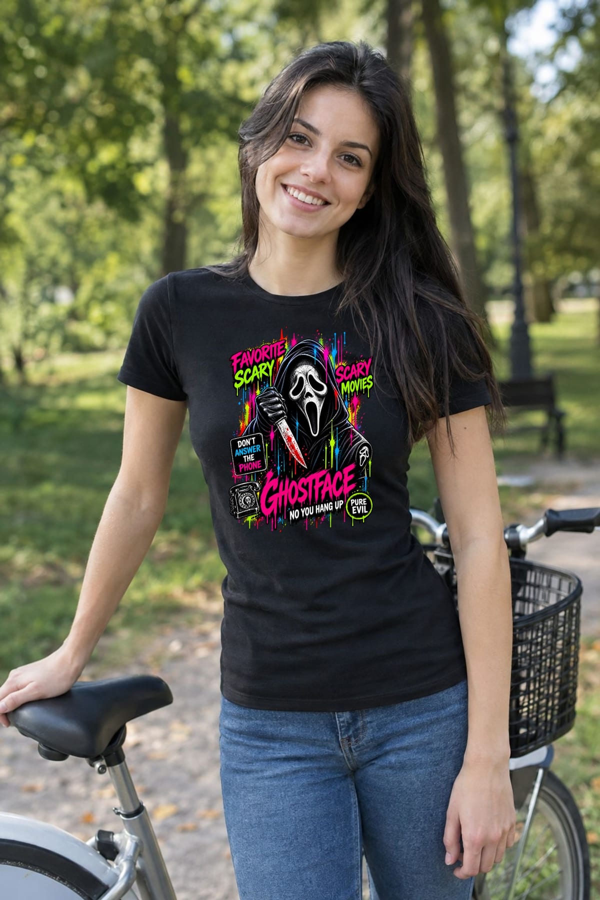 Koszulka damska czarna Halloween Ghostface neonowa maska prezent, zdjęcie 6