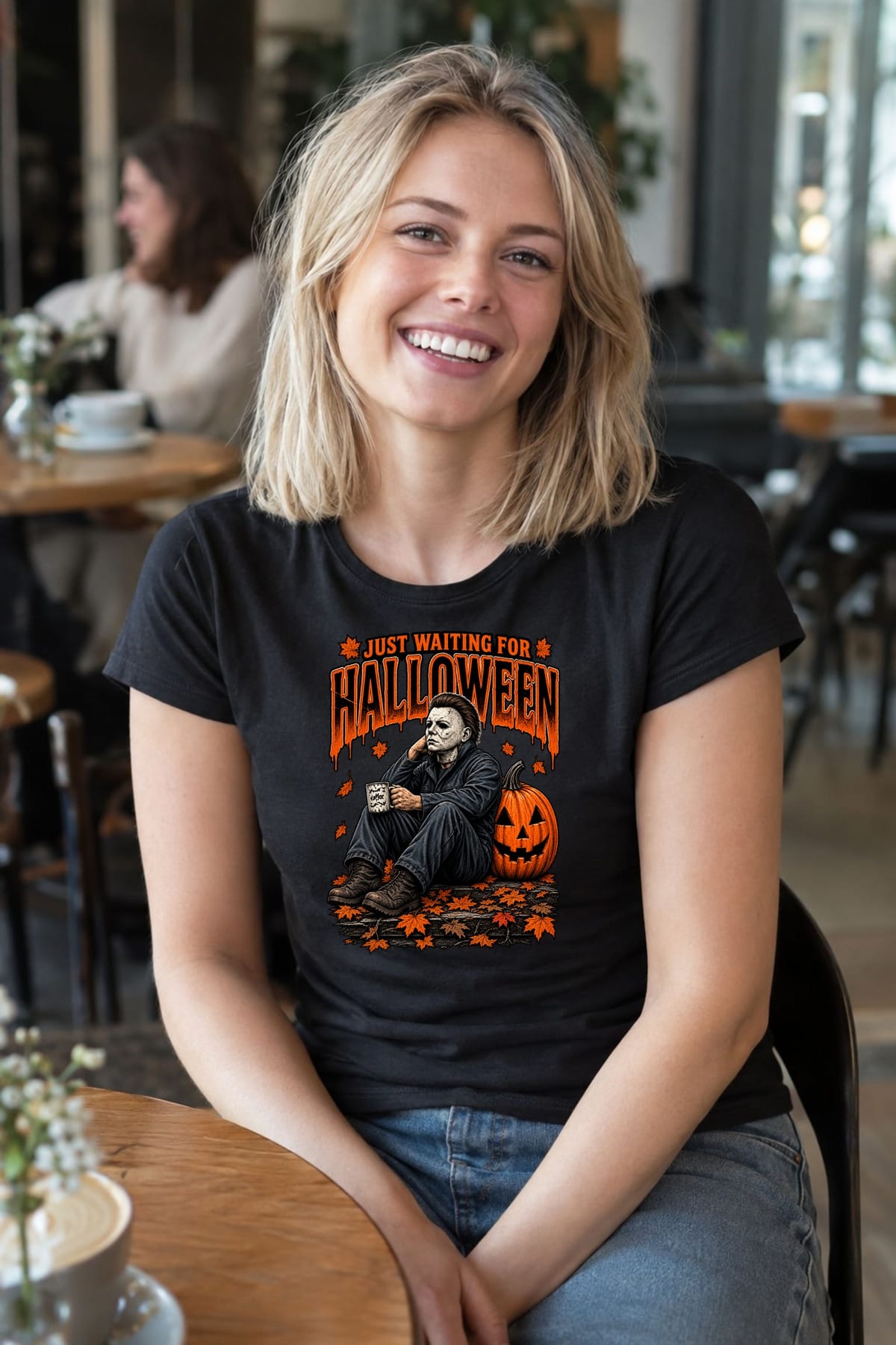 Koszulka damska czarna Halloween morderca z maską dynia prezent, zdjęcie 3