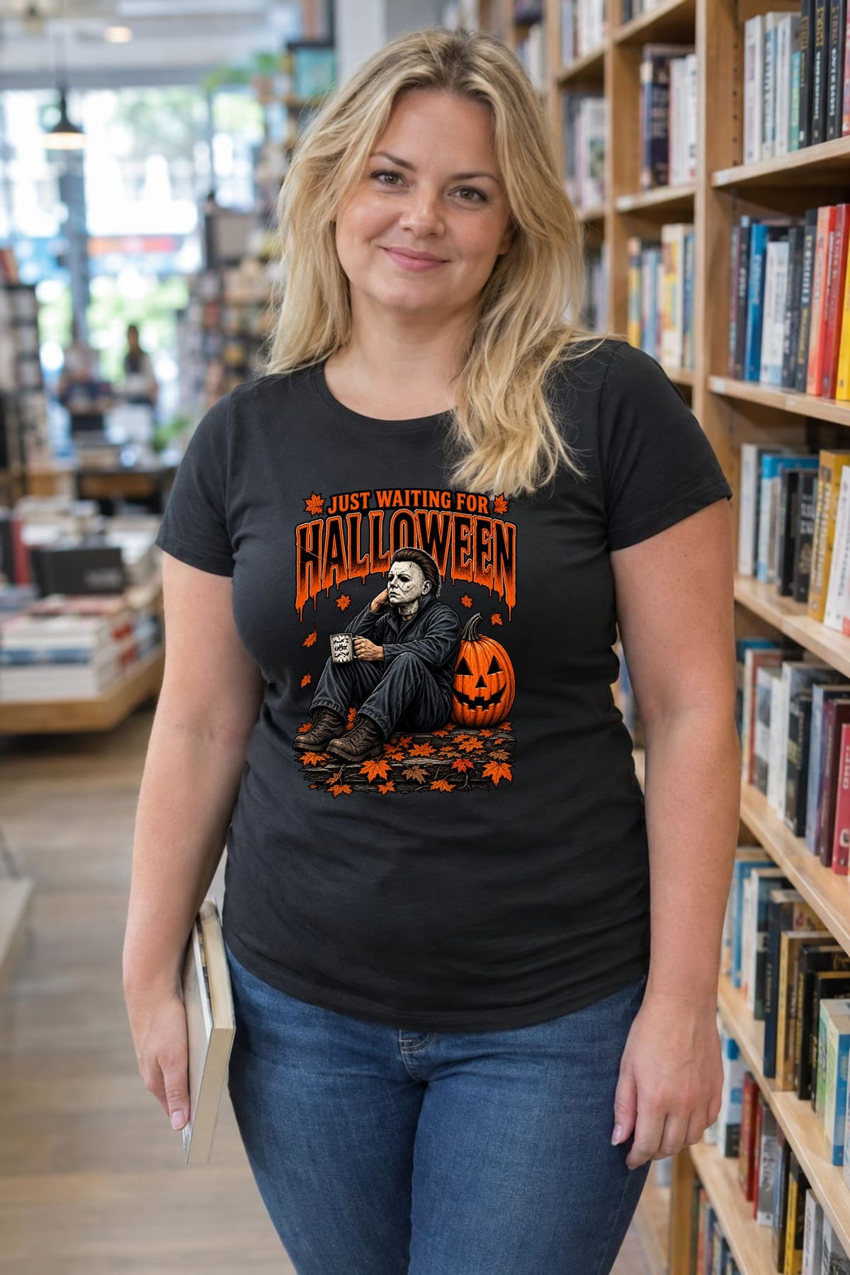 Koszulka damska czarna Halloween morderca z maską dynia prezent, zdjęcie 7