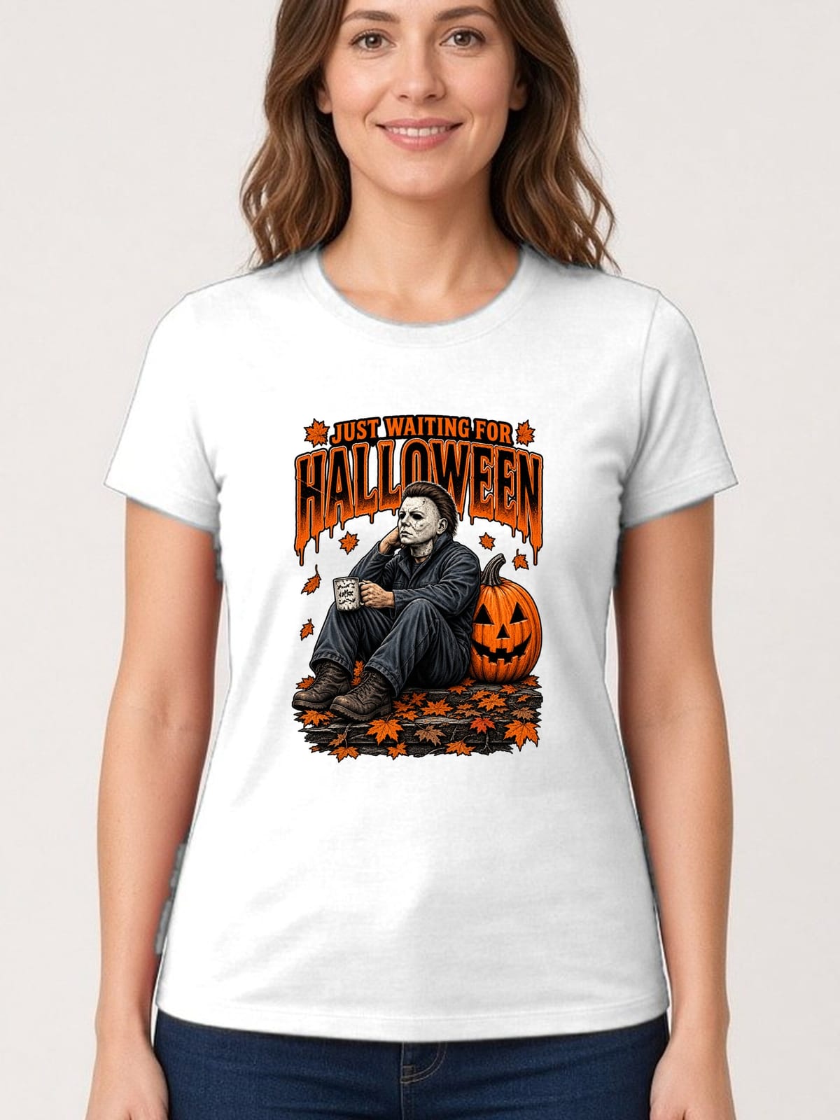 Koszulka damska biała Halloween morderca z maską dynia prezent, zdjęcie 1
