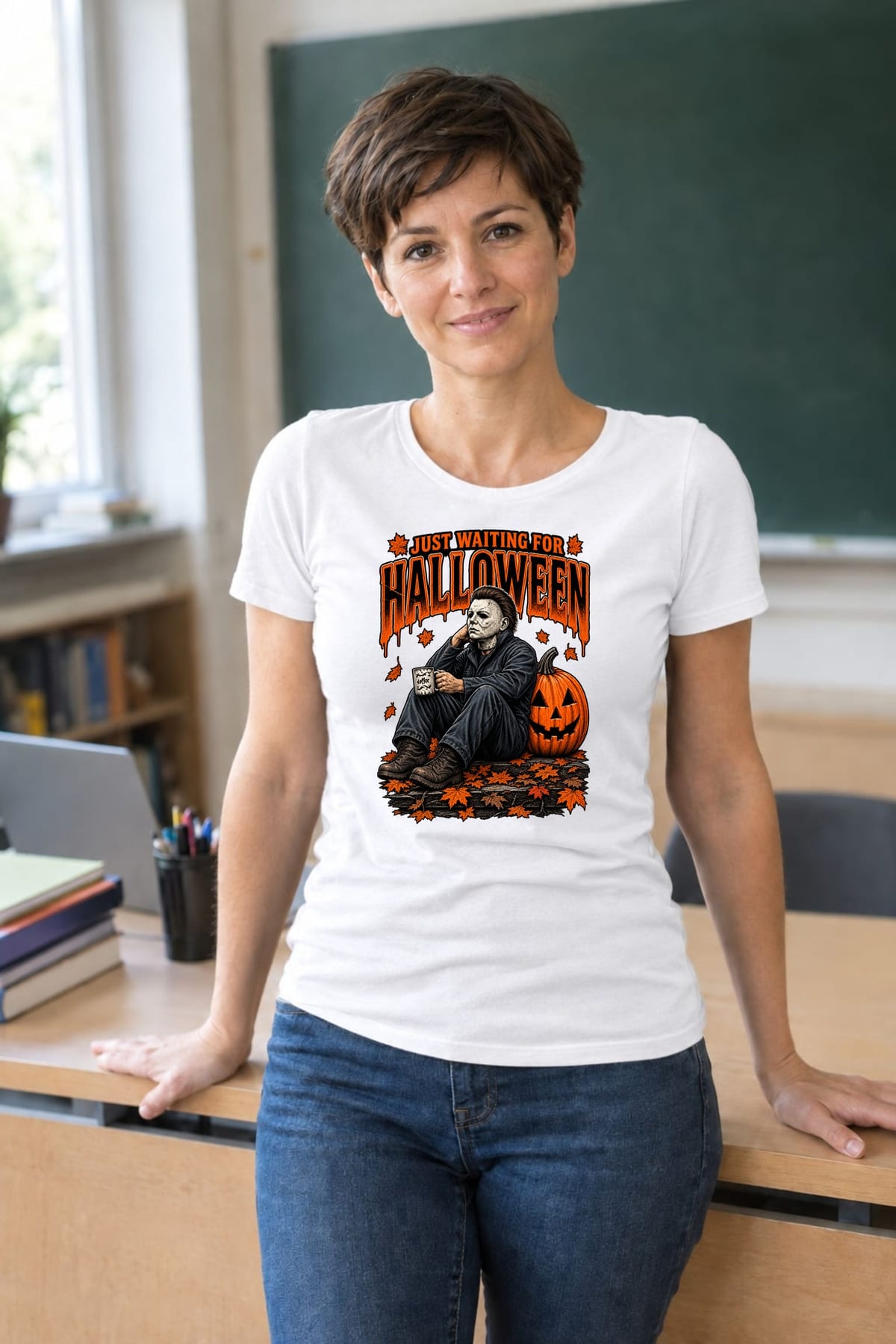 Koszulka damska biała Halloween morderca z maską dynia prezent, zdjęcie 8