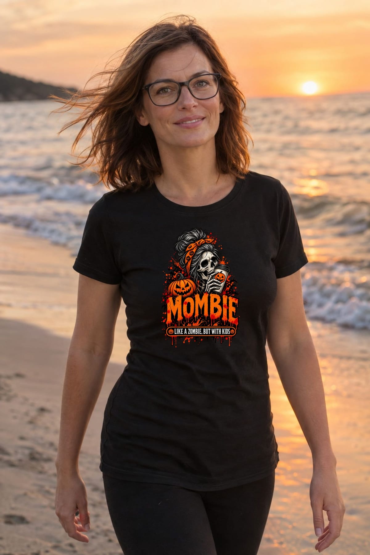 Koszulka damska czarna Halloween mama czaszka z kawą śmieszna prezent, zdjęcie 3