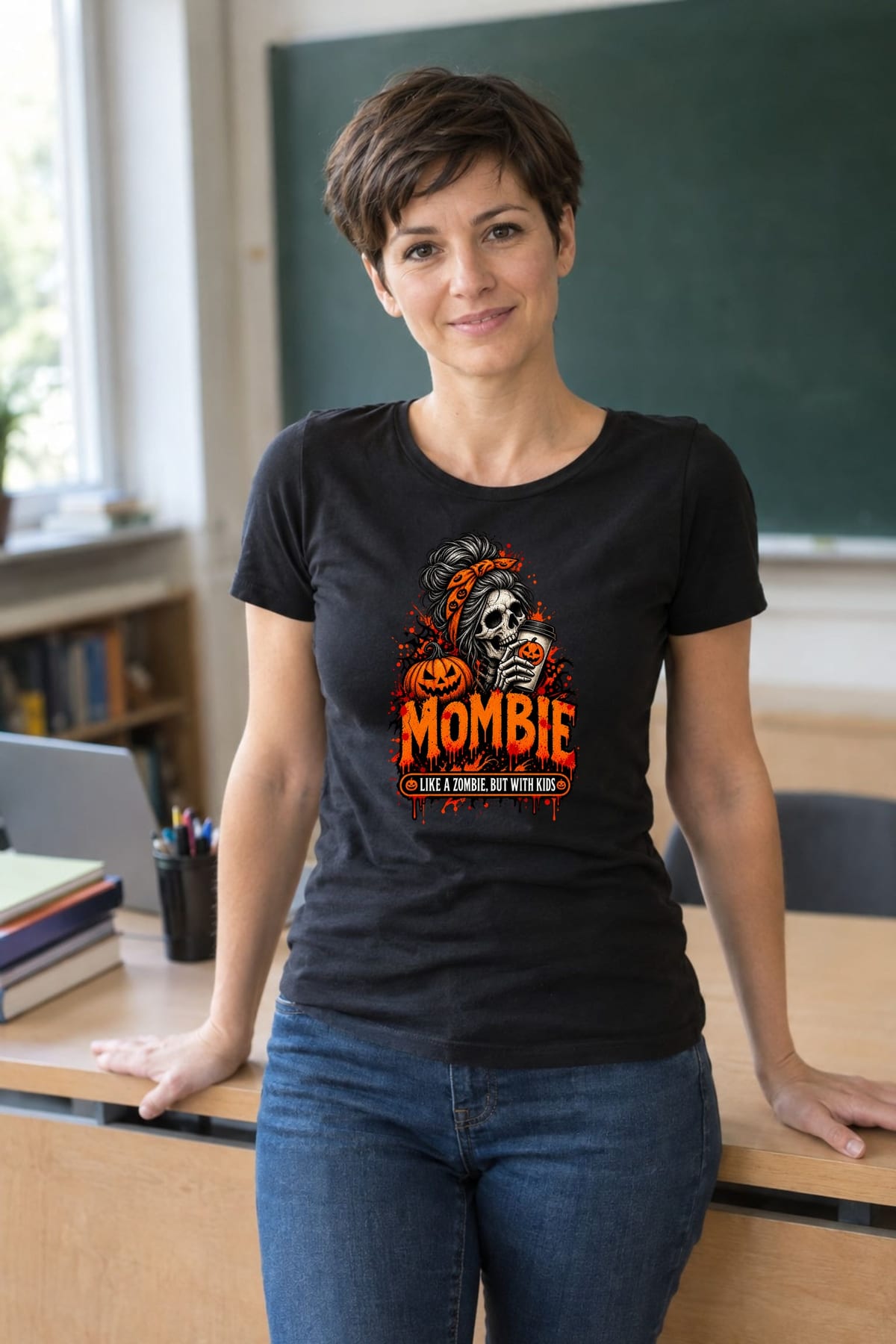 Koszulka damska czarna Halloween mama czaszka z kawą śmieszna prezent, zdjęcie 4