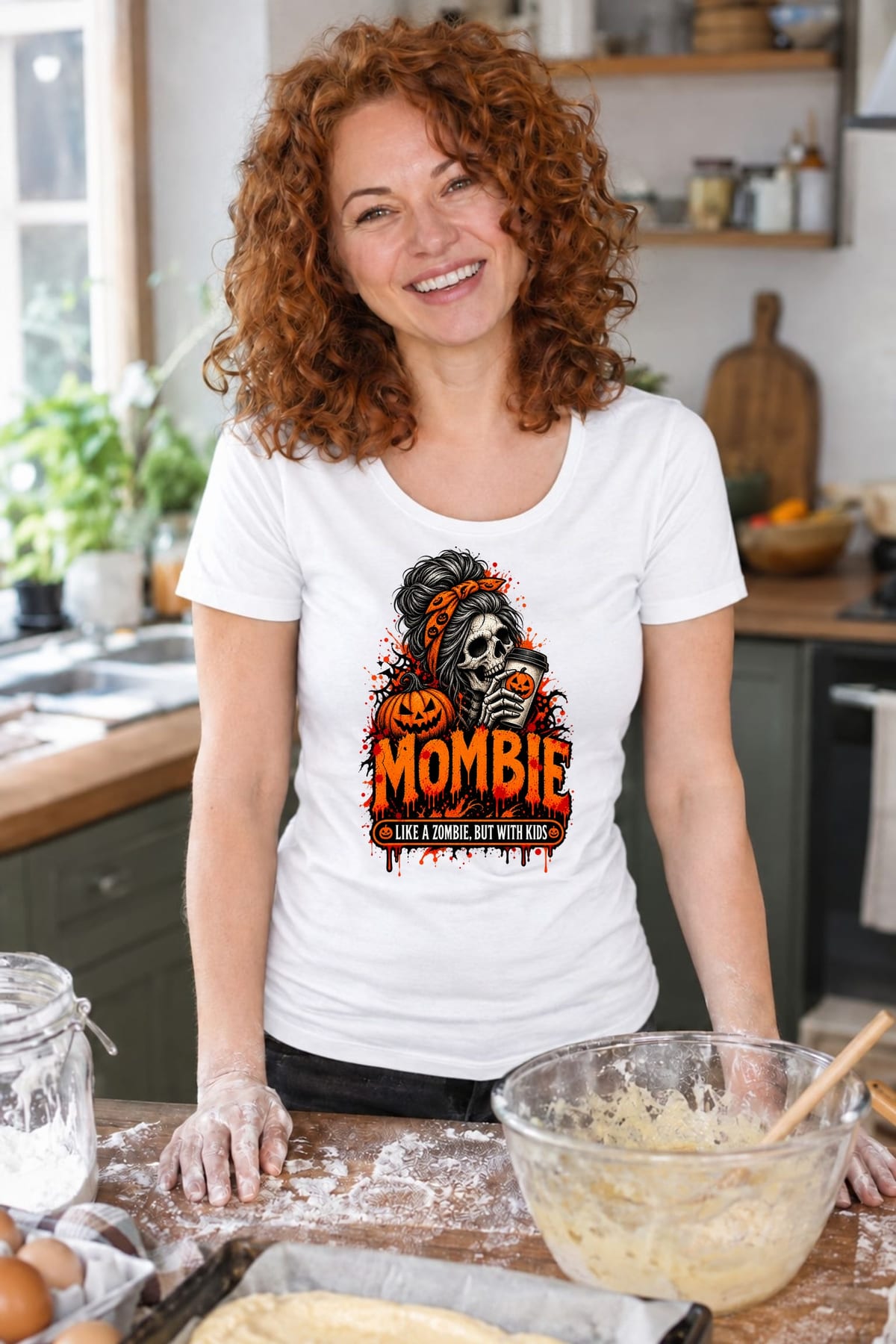 Koszulka damska biała Halloween mama czaszka z kawą śmieszna prezent, zdjęcie 5