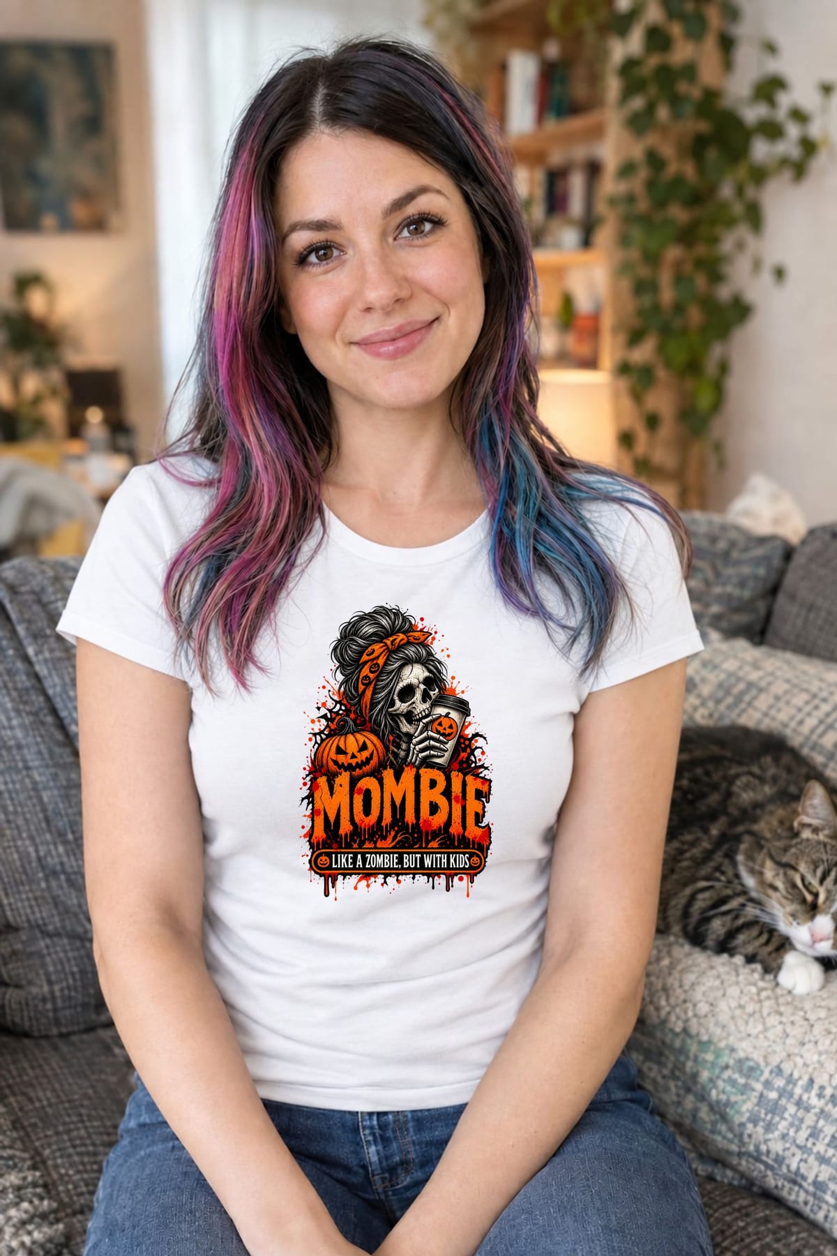 Koszulka damska biała Halloween mama czaszka z kawą śmieszna prezent, zdjęcie 6