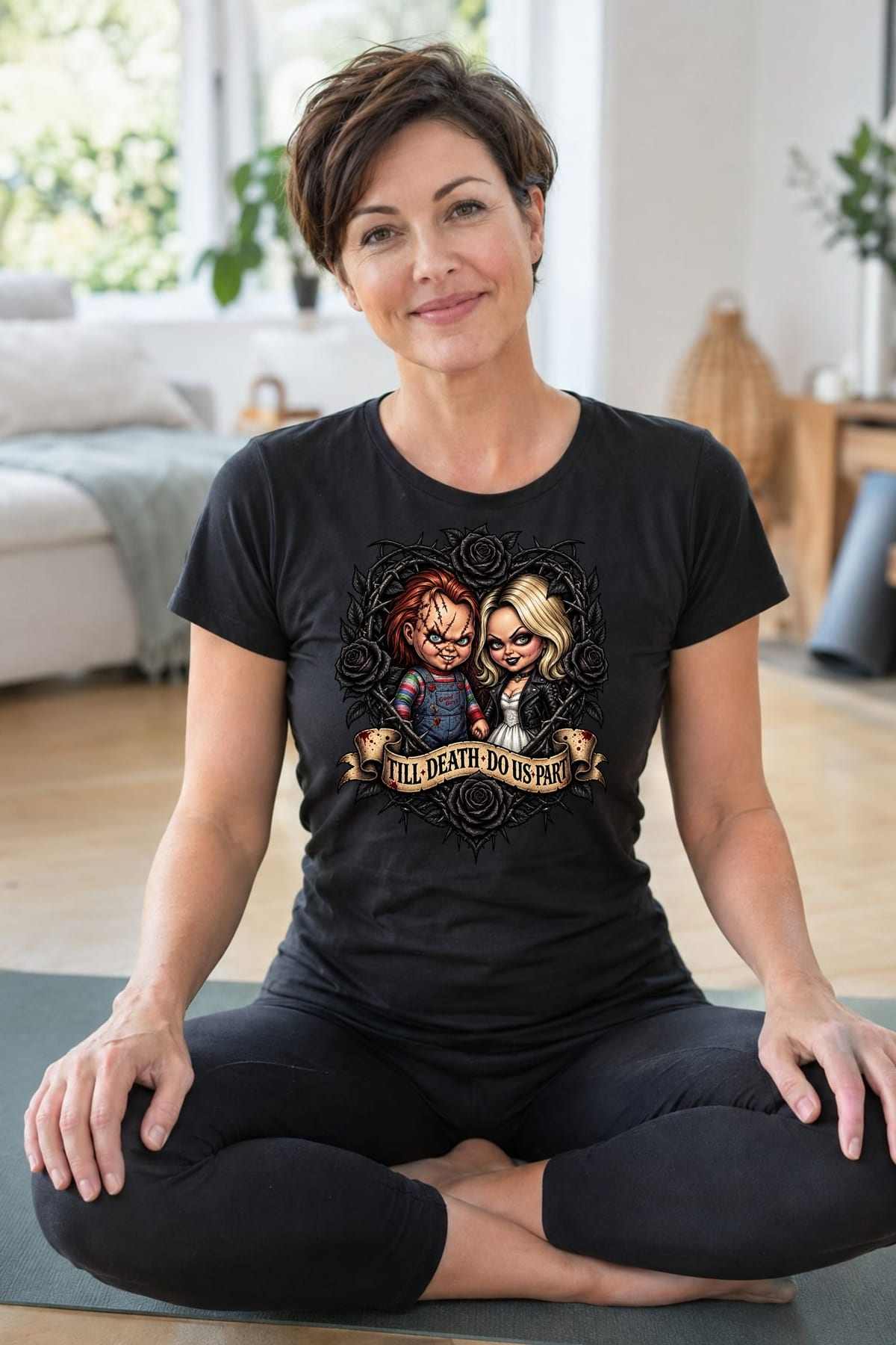 Koszulka damska czarna Halloween Chucky i narzeczona lalki prezent, zdjęcie 4