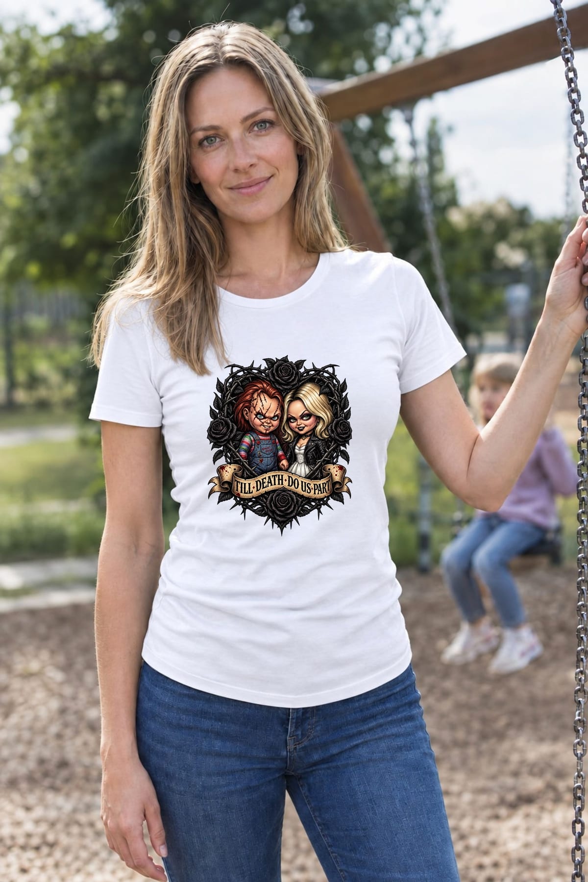 Koszulka damska biała Halloween Chucky i narzeczona lalki prezent, zdjęcie 4