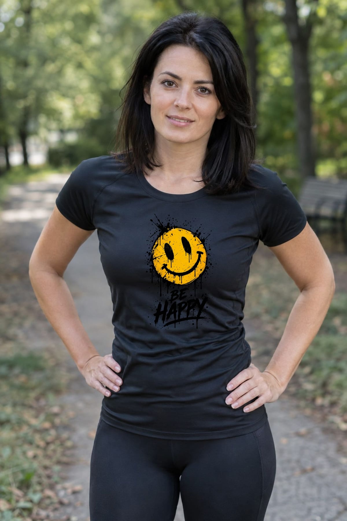 Koszulka damska czarna z uśmiechniętą buźką be happy pozytywna, zdjęcie 5