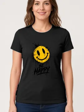 Koszulka damska czarna z uśmiechniętą buźką be happy pozytywna