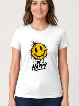 Koszulka damska biała z uśmiechniętą buźką be happy pozytywna
