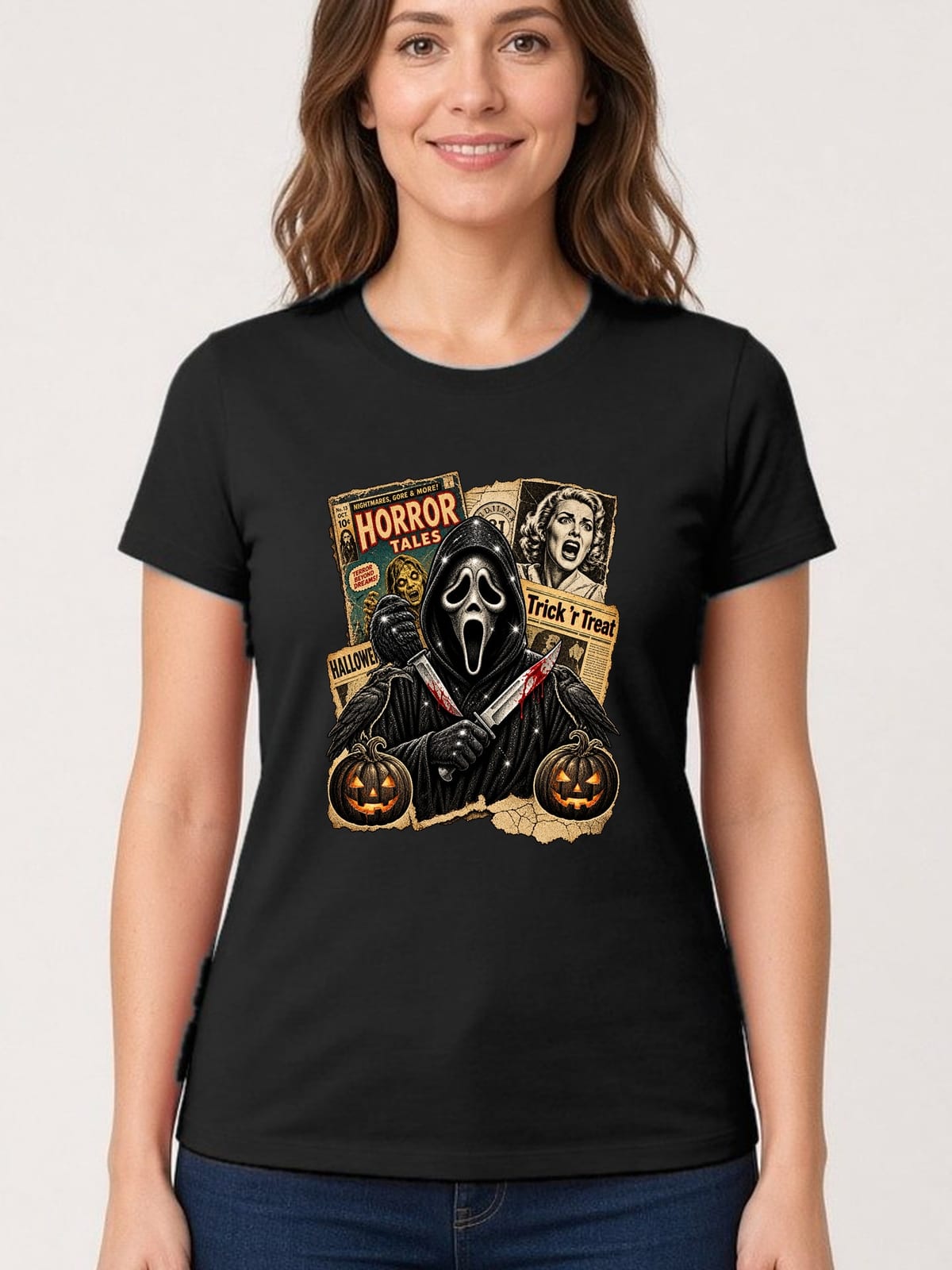 Koszulka damska czarna Halloween Ghostface vintage gazety grozy prezent, zdjęcie 1