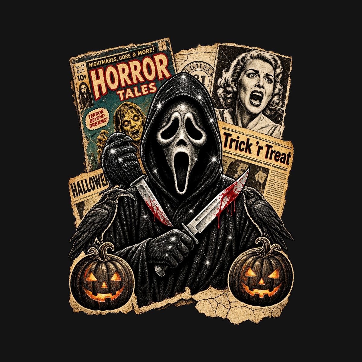 Koszulka damska czarna Halloween Ghostface vintage gazety grozy prezent, zdjęcie 2