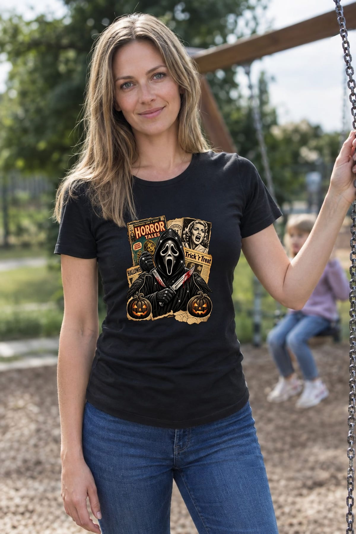 Koszulka damska czarna Halloween Ghostface vintage gazety grozy prezent, zdjęcie 3