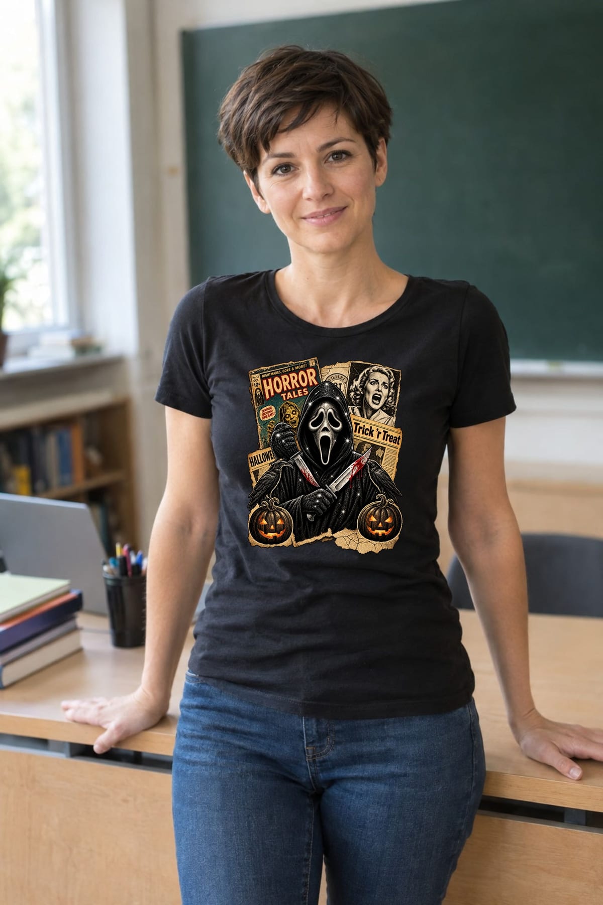 Koszulka damska czarna Halloween Ghostface vintage gazety grozy prezent, zdjęcie 4