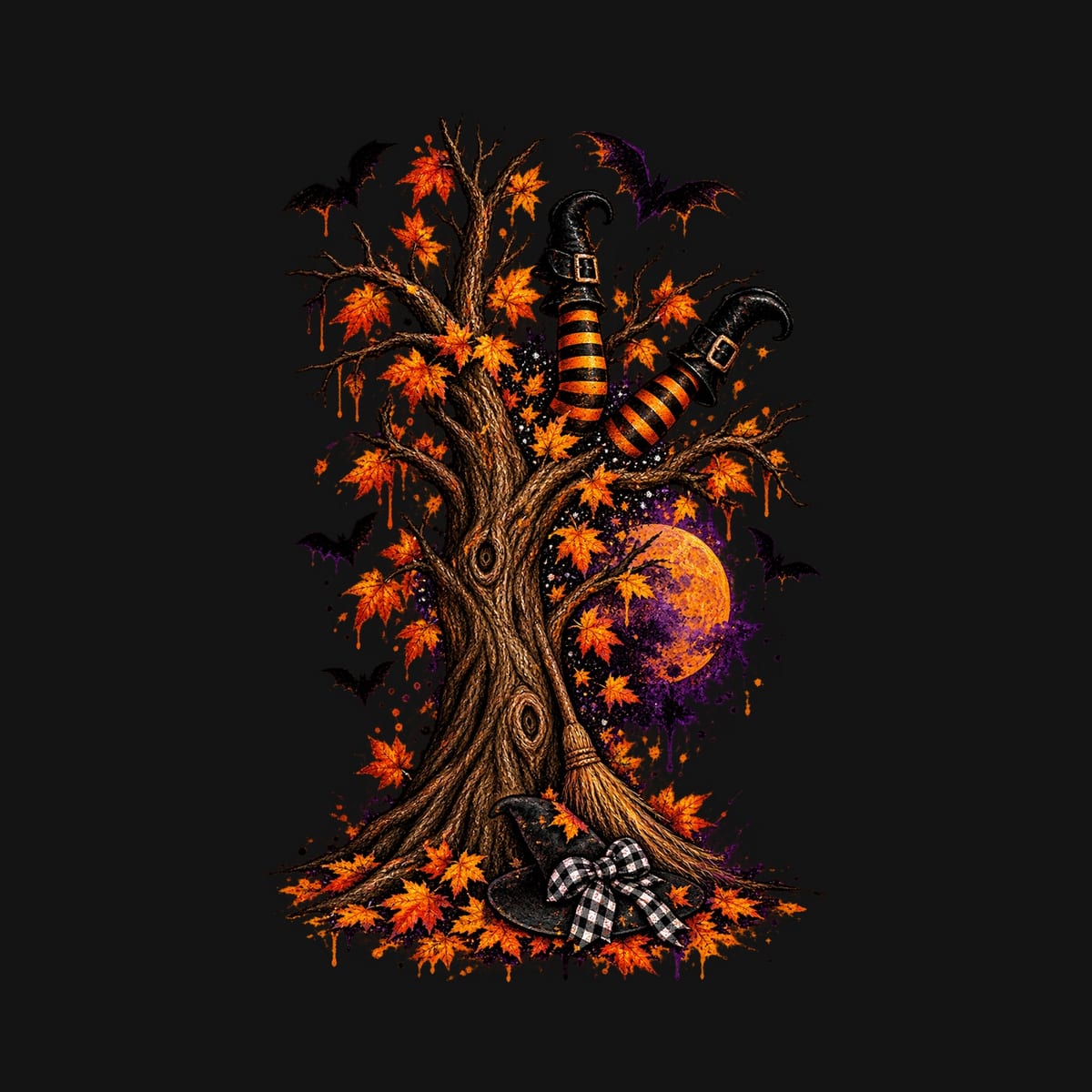 Koszulka damska czarna Halloween czarownica drzewo jesienne prezent, zdjęcie 2