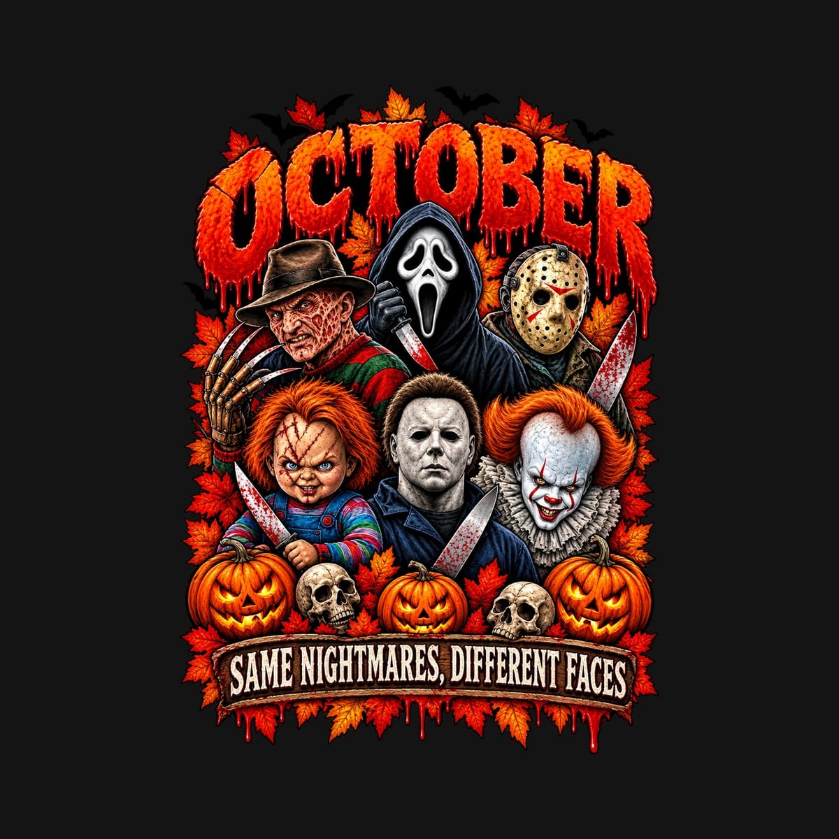 Koszulka damska czarna Halloween postacie z horrorów październik prezent, zdjęcie 2