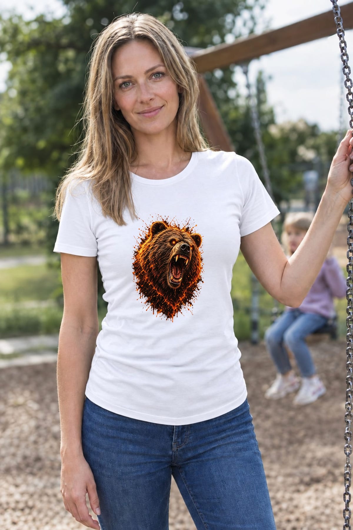 Koszulka damska biała z niedźwiedziem grizzly ognisty nadruk, zdjęcie 6
