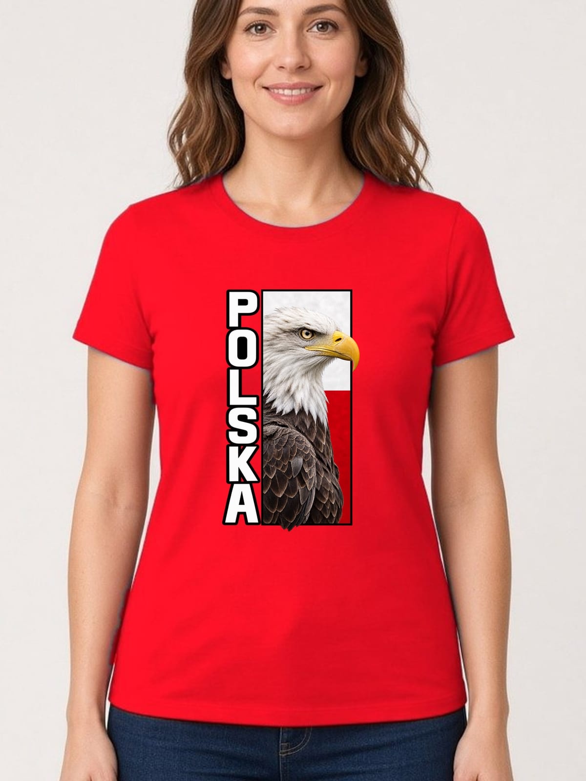 Koszulka damska czerwona Polska orzeł patriotyczna z flagą prezent