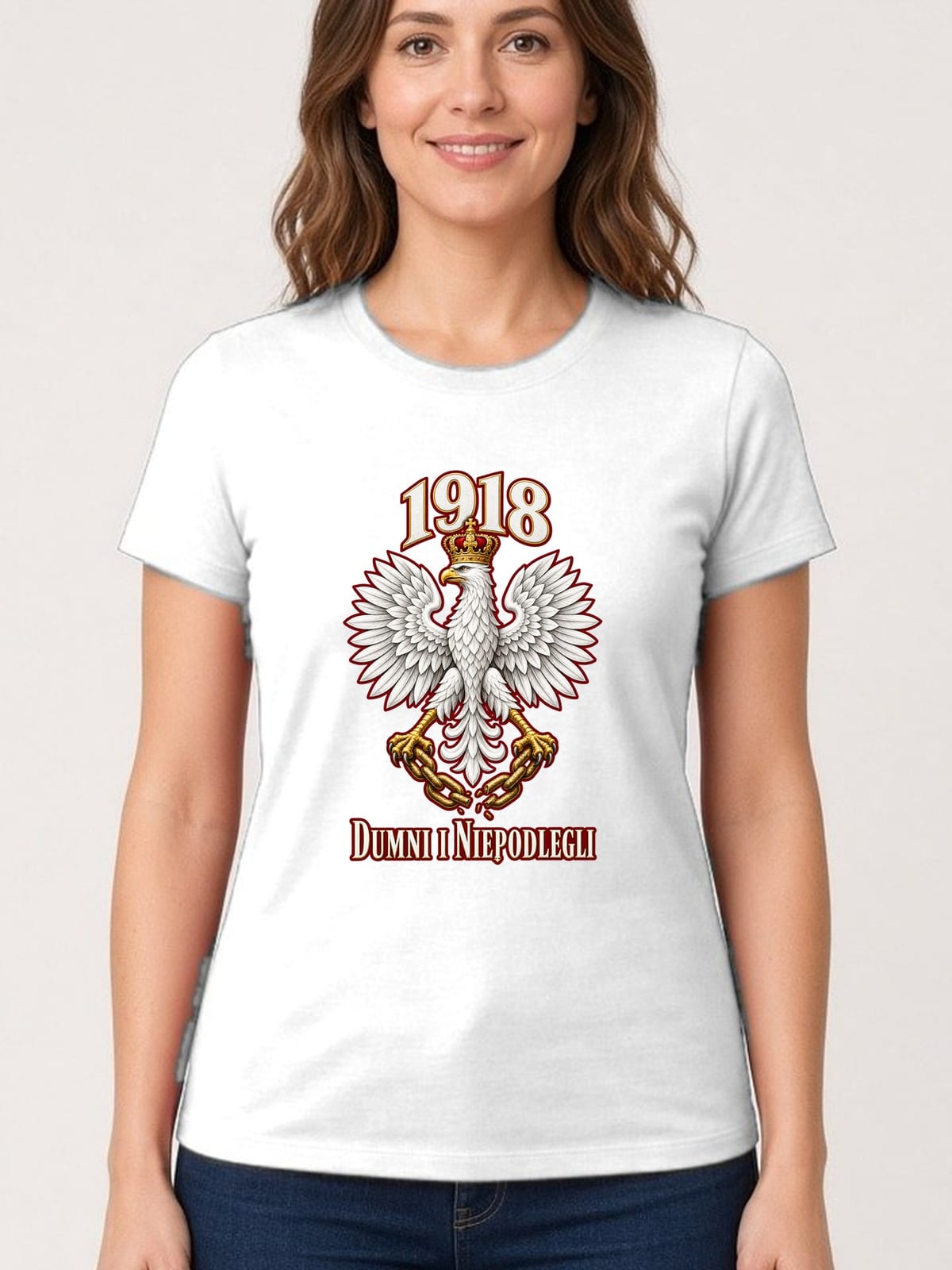 Koszulka damska biała dumni i niepodlegli orzeł 1918 patriotyczna