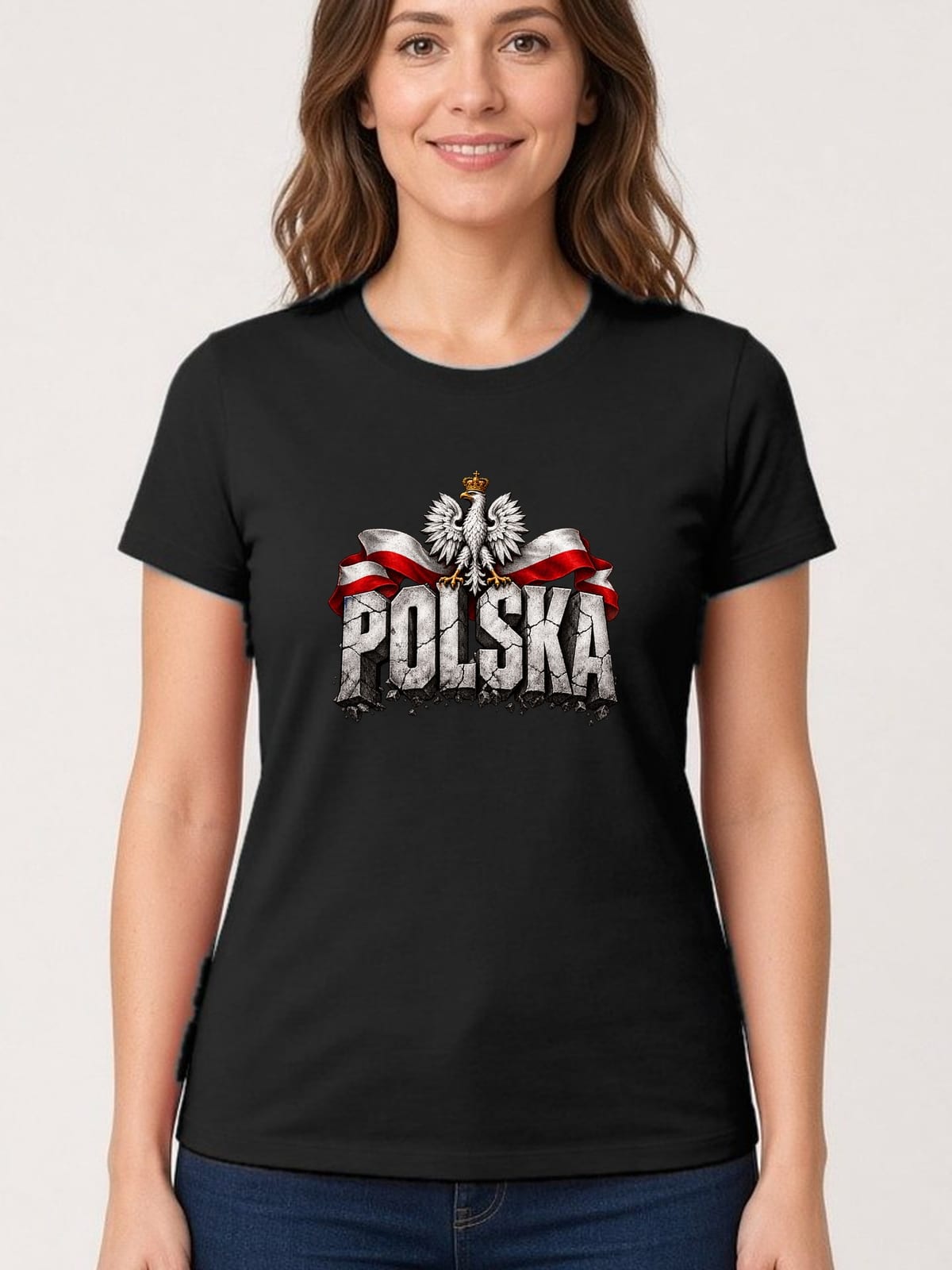 Koszulka damska czarna Polska orzeł kamienne litery patriotyczna, zdjęcie 1