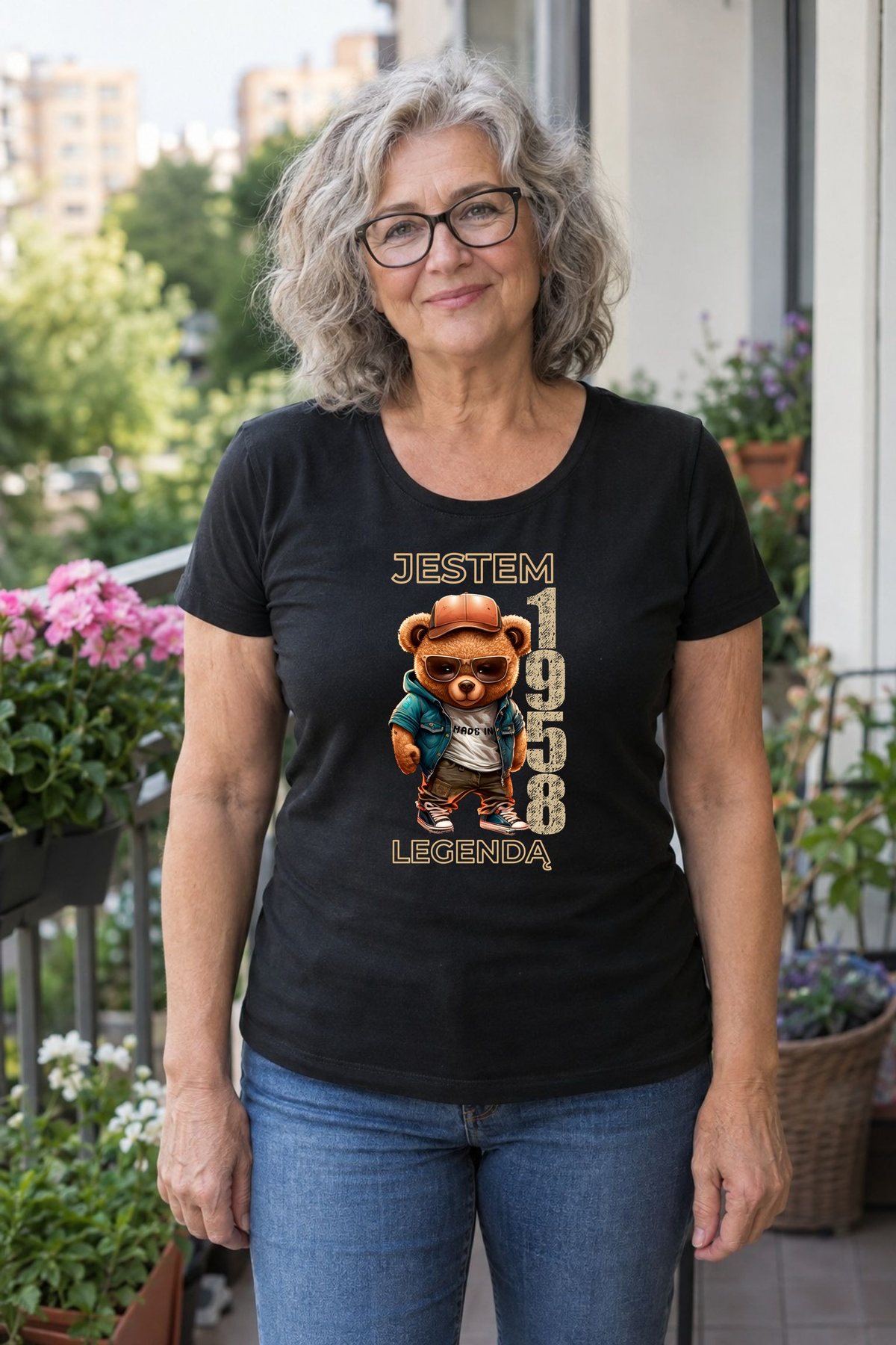 Koszulka damska czarna z misiem Jestem legendą rocznik 1958 prezent na urodziny, zdjęcie 3