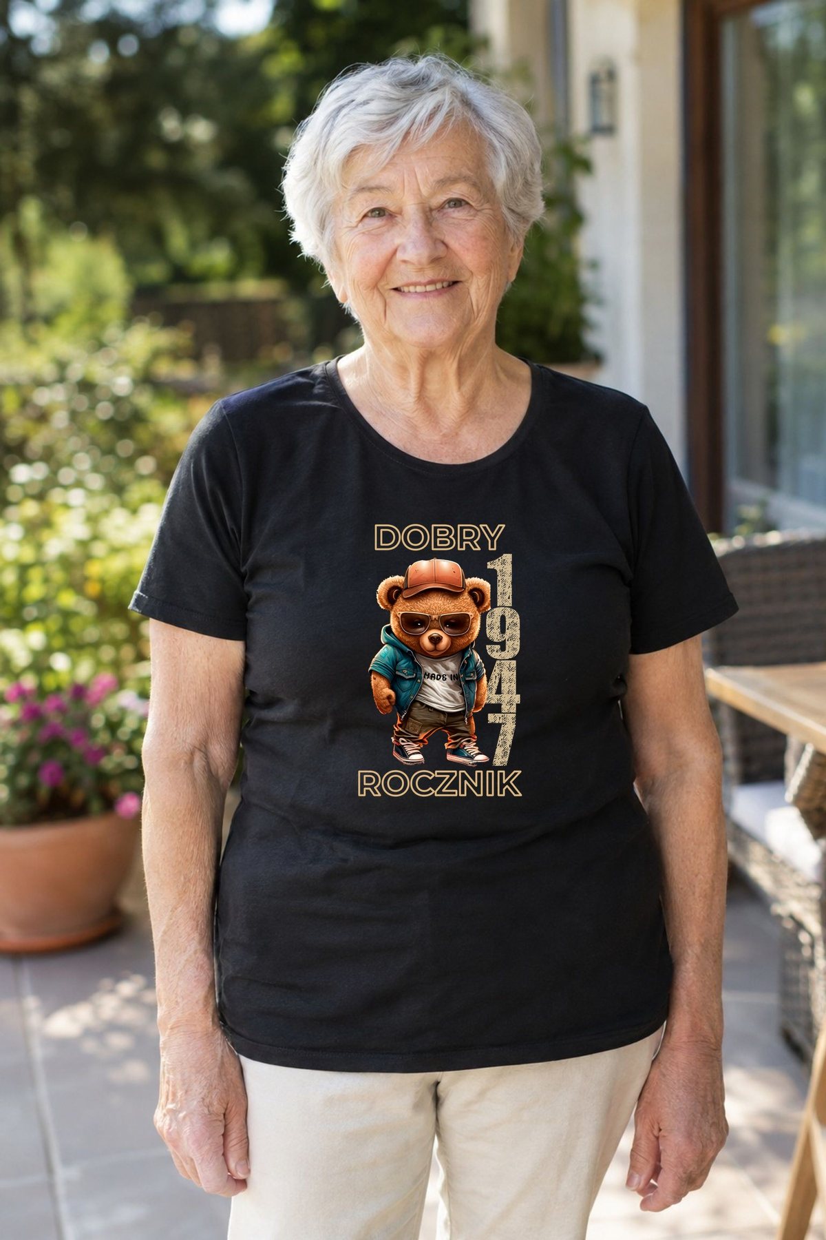 Koszulka damska czarna z misiem Dobry rocznik rocznik 1947 prezent na urodziny, zdjęcie 1