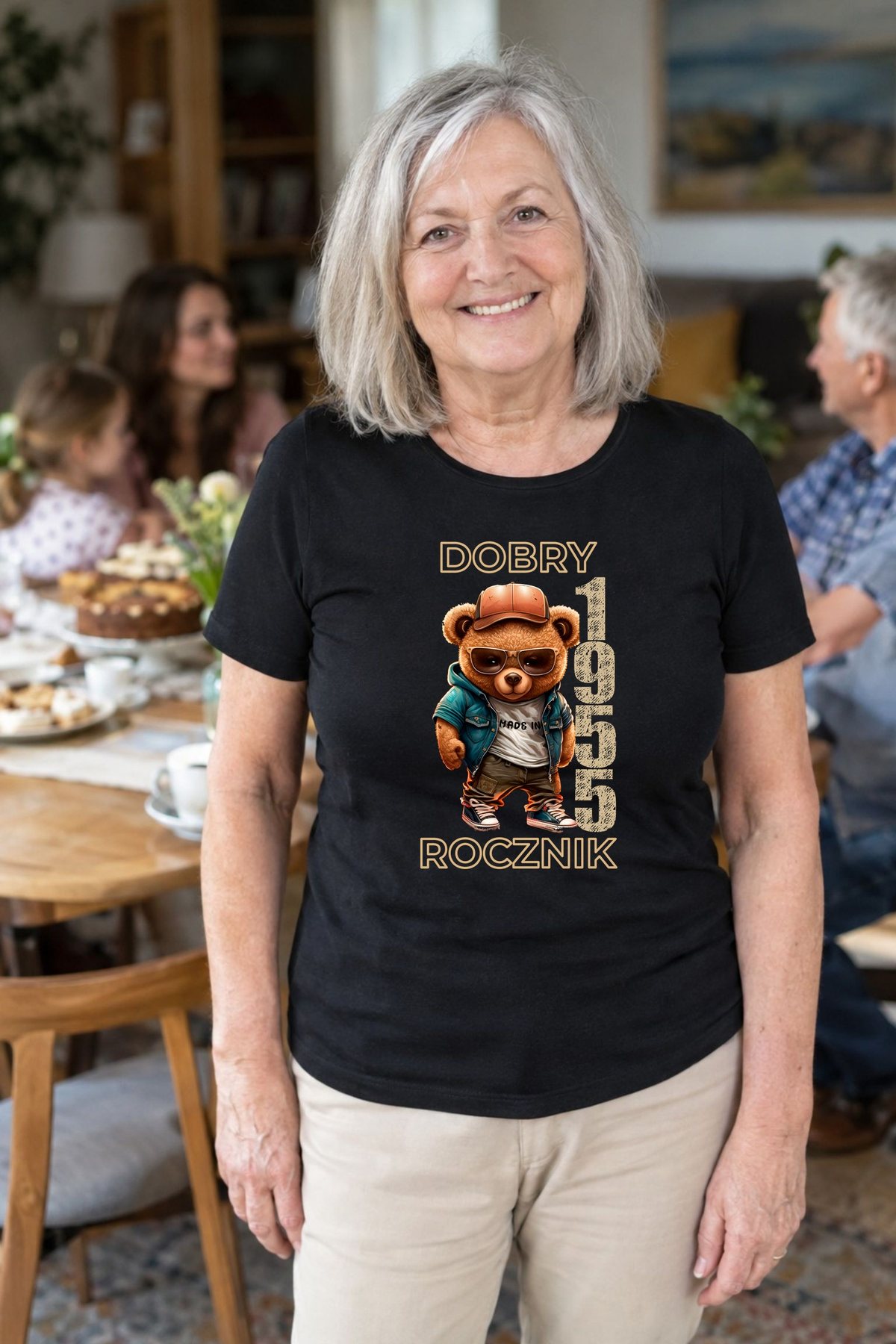 Koszulka damska czarna z misiem Dobry rocznik rocznik 1955 prezent na urodziny, zdjęcie 3
