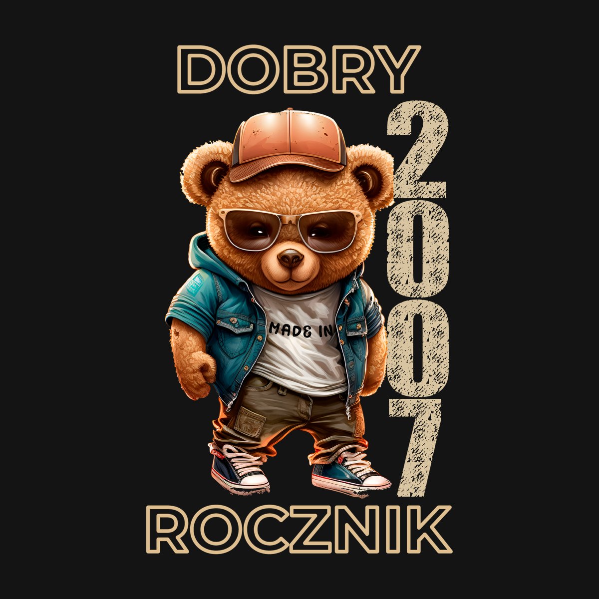 Koszulka damska czarna z misiem Dobry rocznik rocznik 2007 prezent na urodziny, zdjęcie 2
