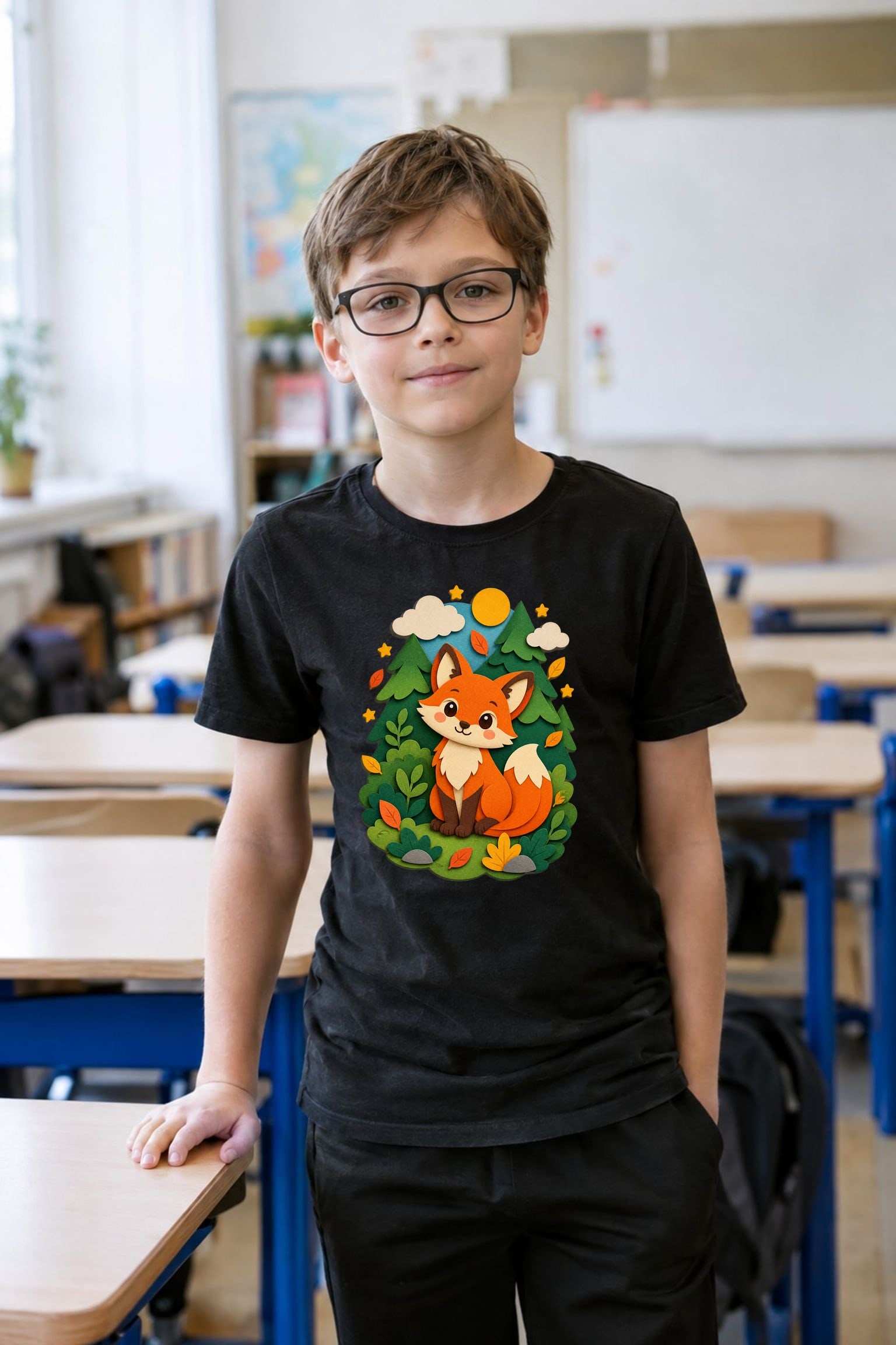 Koszulka z lisem dla chłopca czarna papierowa wycinanka 3D, zdjęcie 4