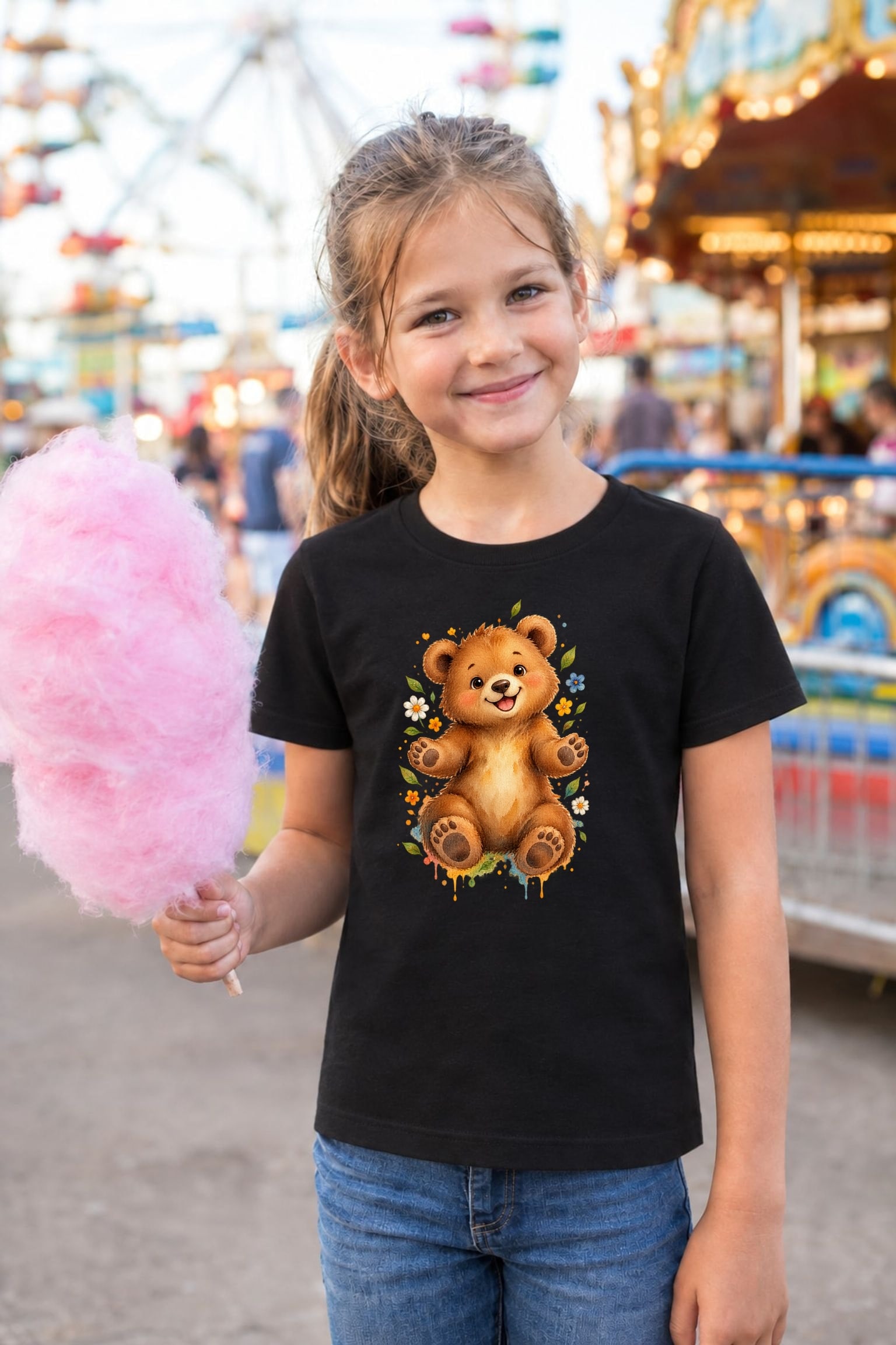 Koszulka T shirt z misiem dla dziewczynki czarna miękka akwarela wśród, zdjęcie 5