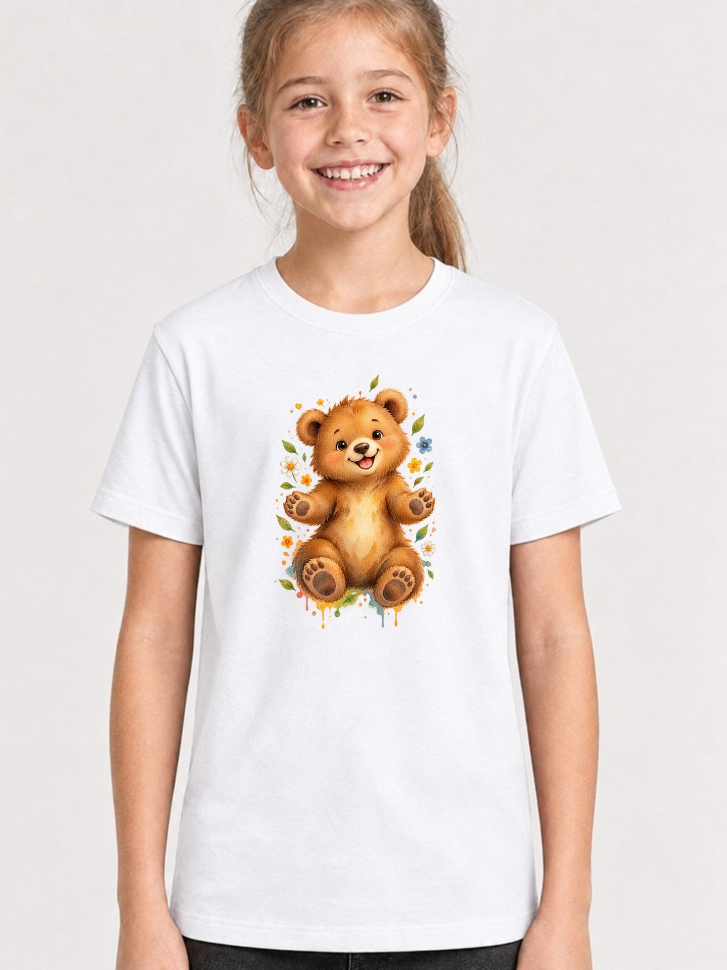 Koszulka T shirt z misiem dla dziewczynki biała miękka akwarela wśród, zdjęcie 1