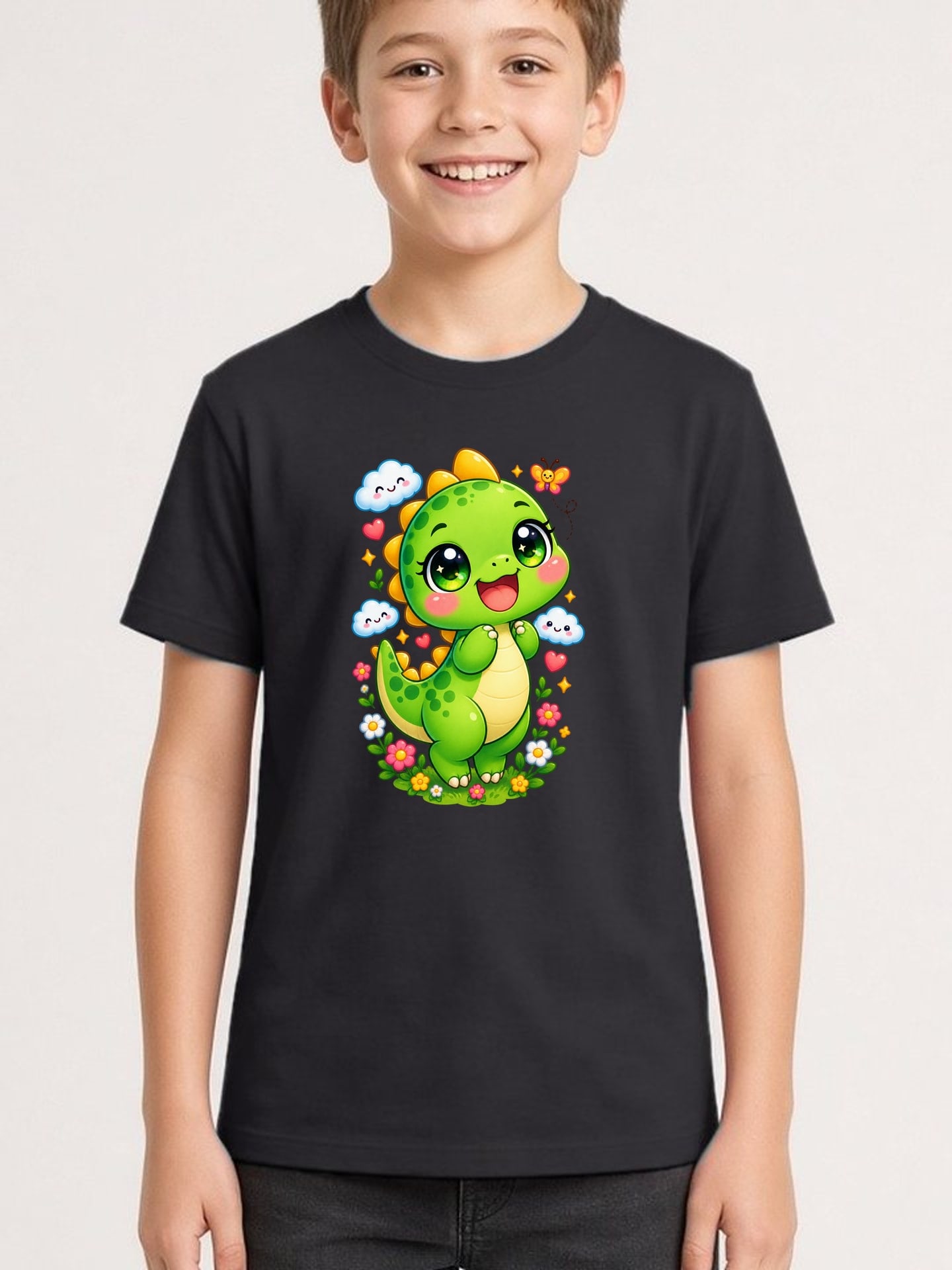 Koszulka z dinozaurem dla chłopca czarna słodki kawaii z chmurkami, zdjęcie 1