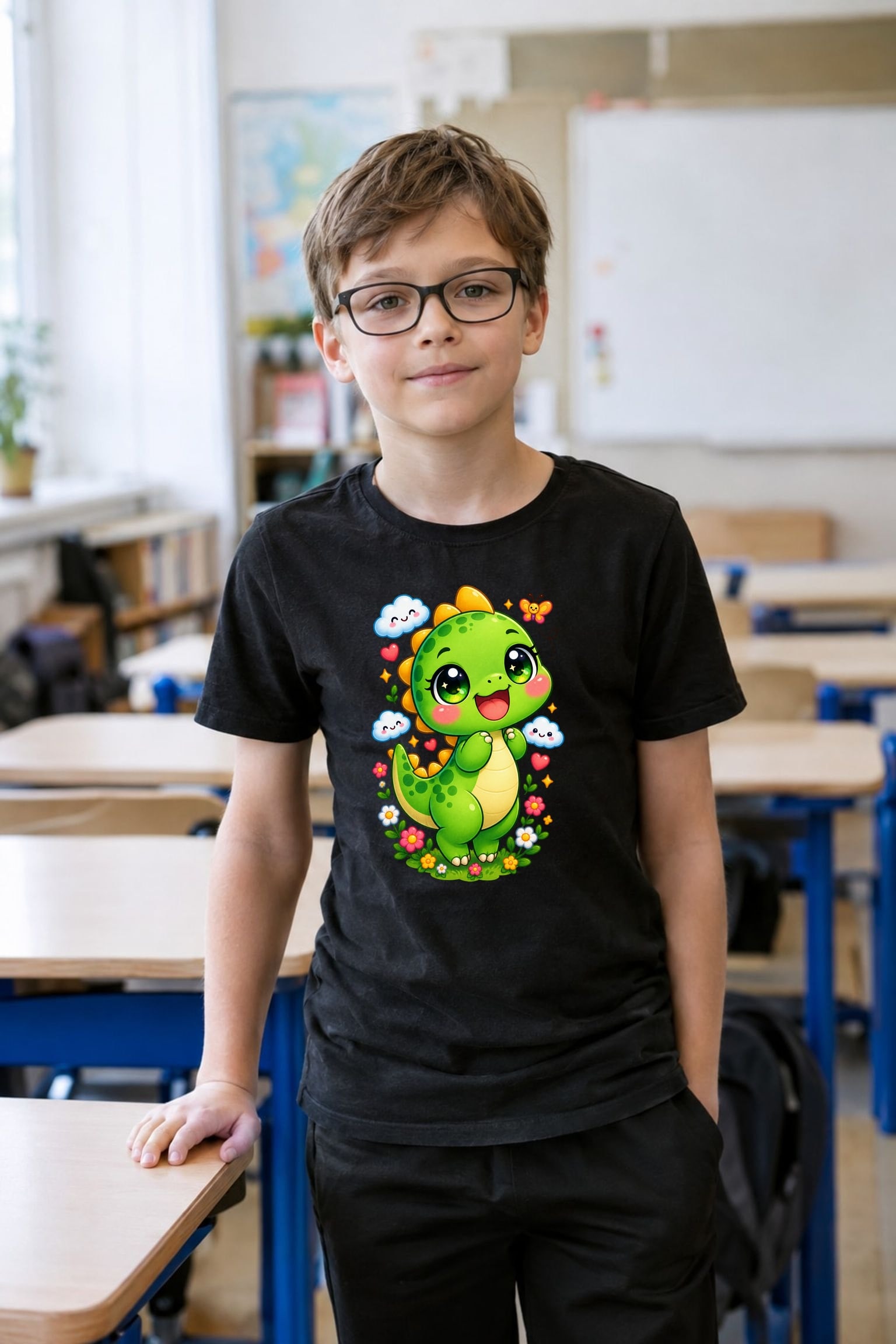 Koszulka z dinozaurem dla chłopca czarna słodki kawaii z chmurkami, zdjęcie 4
