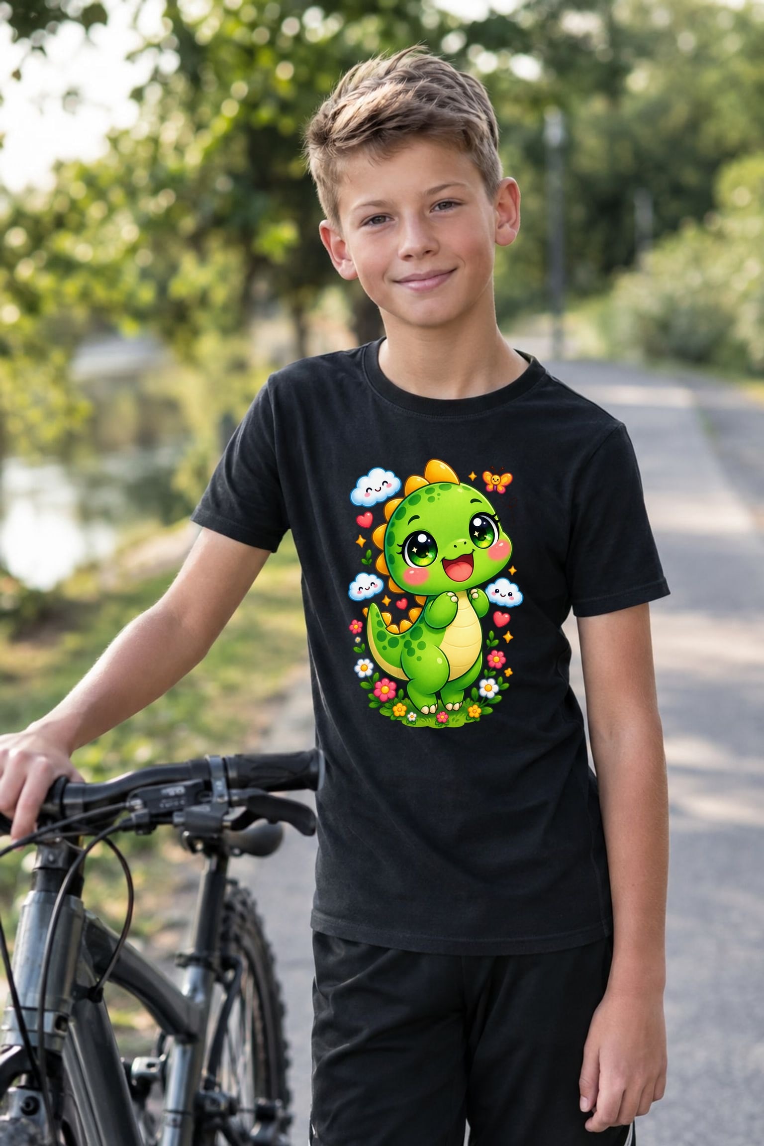 Koszulka z dinozaurem dla chłopca czarna słodki kawaii z chmurkami, zdjęcie 5
