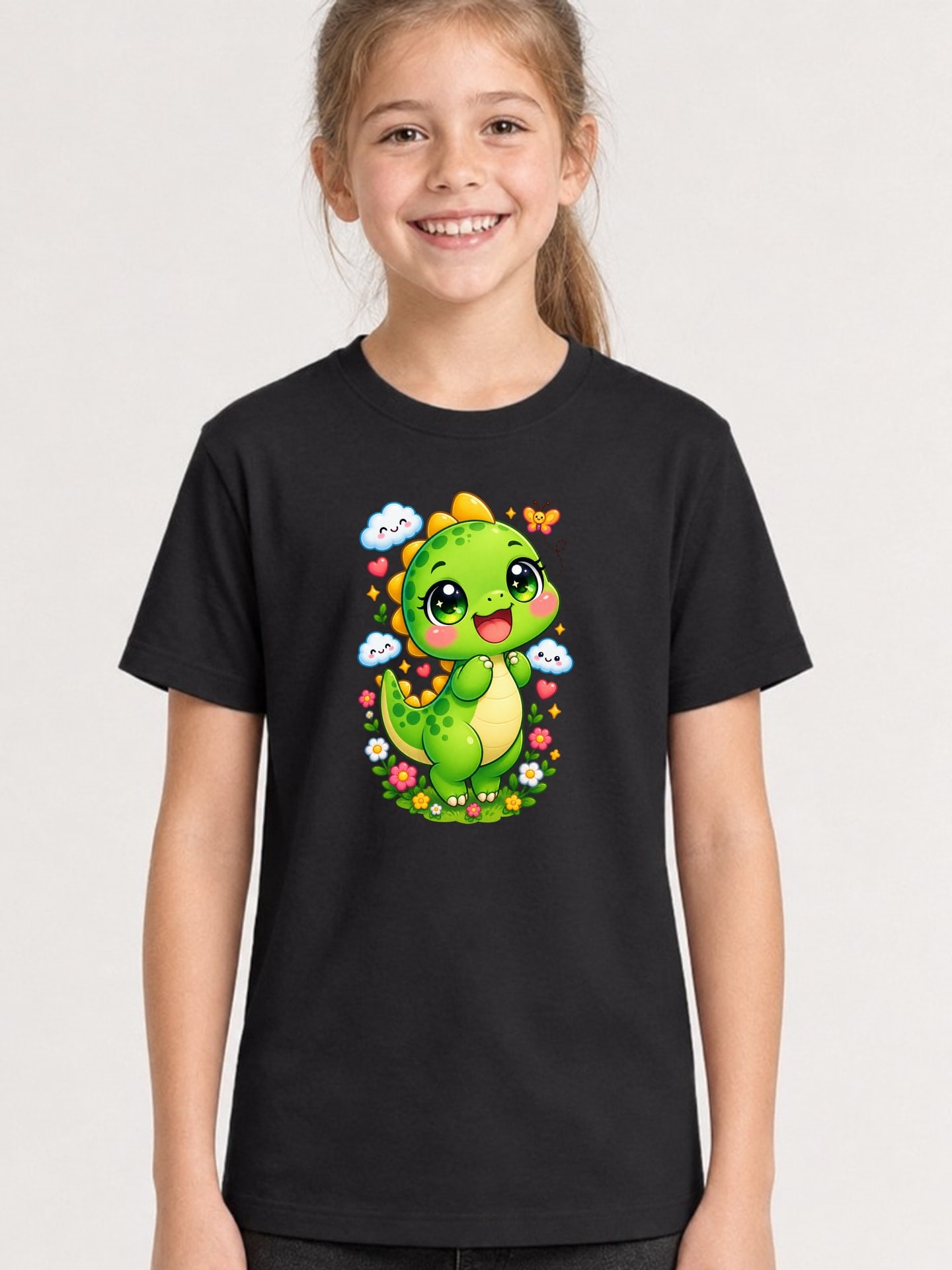 Koszulka z dinozaurem dla dziewczynki czarna słodki kawaii z chmurkami