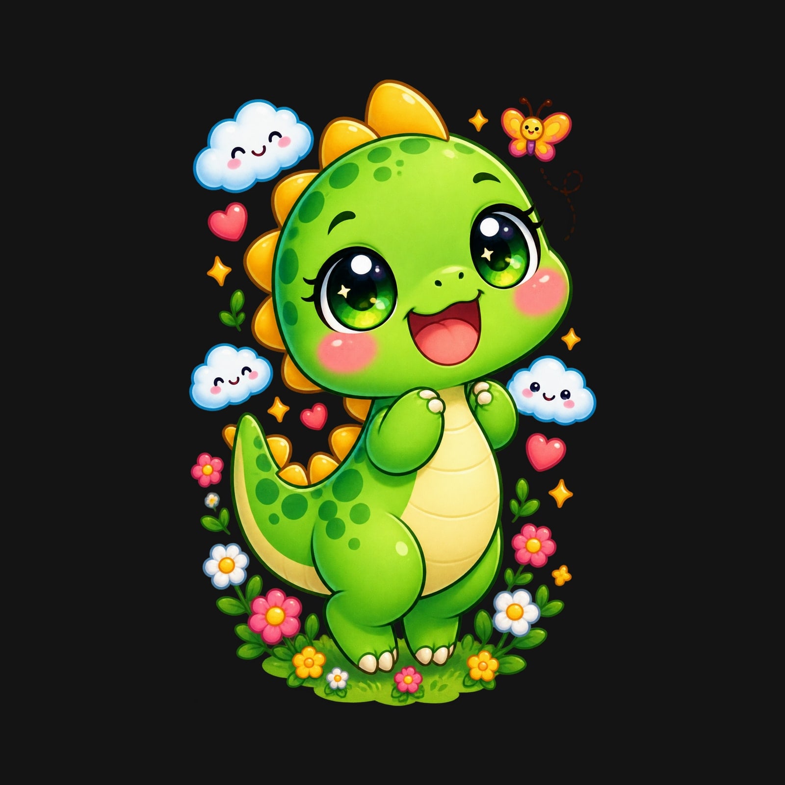 Koszulka z dinozaurem dla dziewczynki czarna słodki kawaii z chmurkami, zdjęcie 2