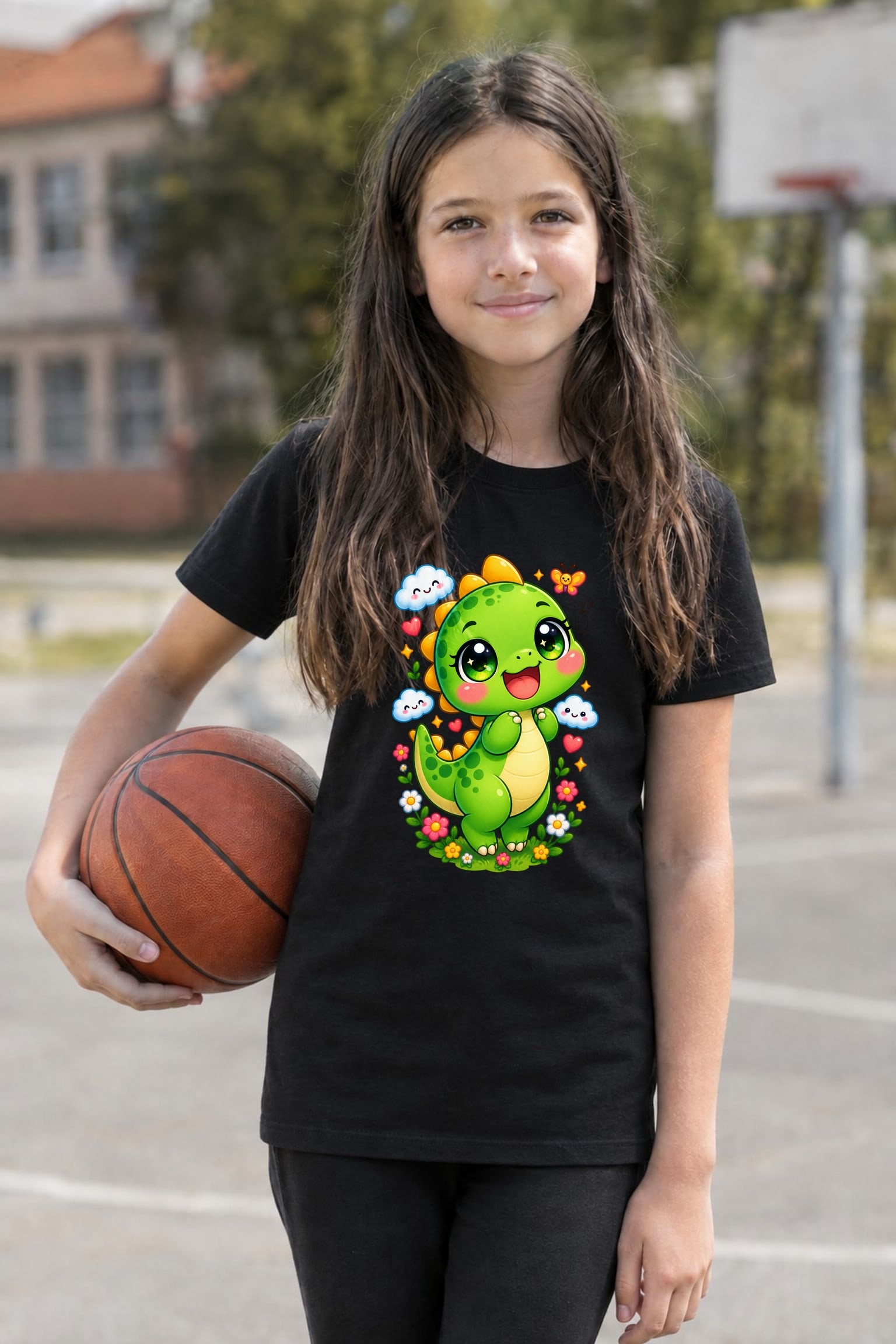 Koszulka z dinozaurem dla dziewczynki czarna słodki kawaii z chmurkami, zdjęcie 4