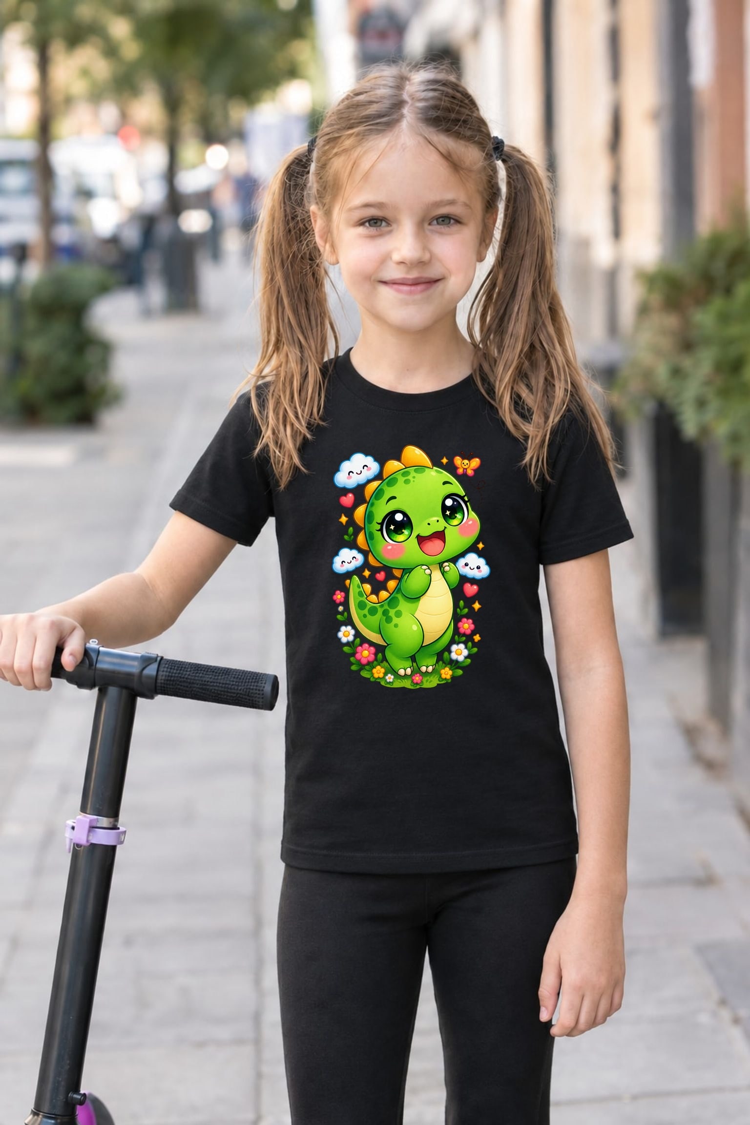 Koszulka z dinozaurem dla dziewczynki czarna słodki kawaii z chmurkami, zdjęcie 7