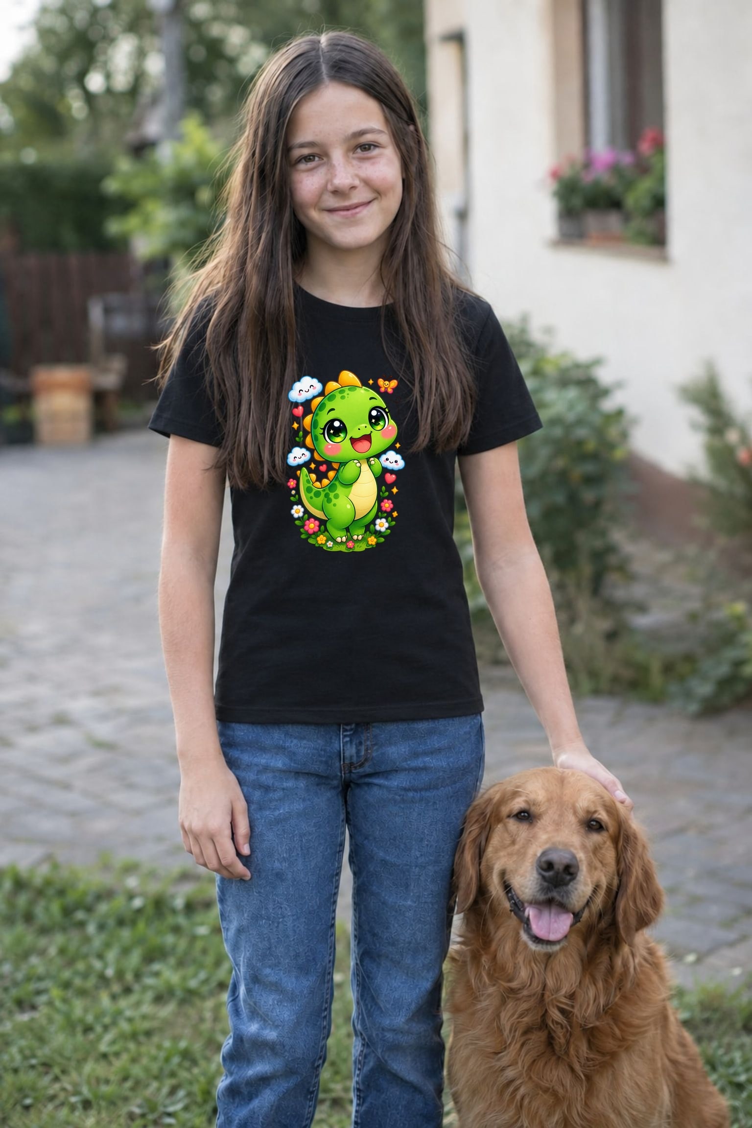Koszulka z dinozaurem dla dziewczynki czarna słodki kawaii z chmurkami, zdjęcie 8