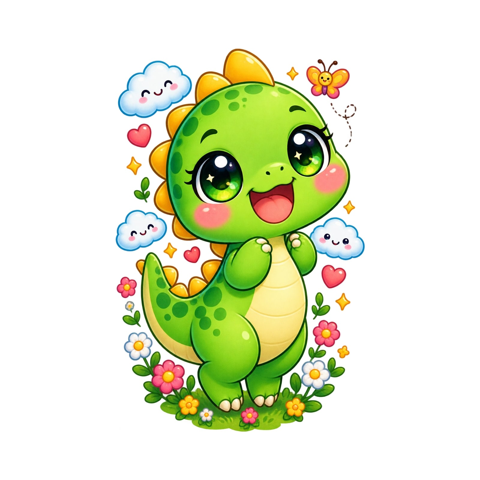 Koszulka z dinozaurem dla chłopca biała słodki kawaii z chmurkami, zdjęcie 2
