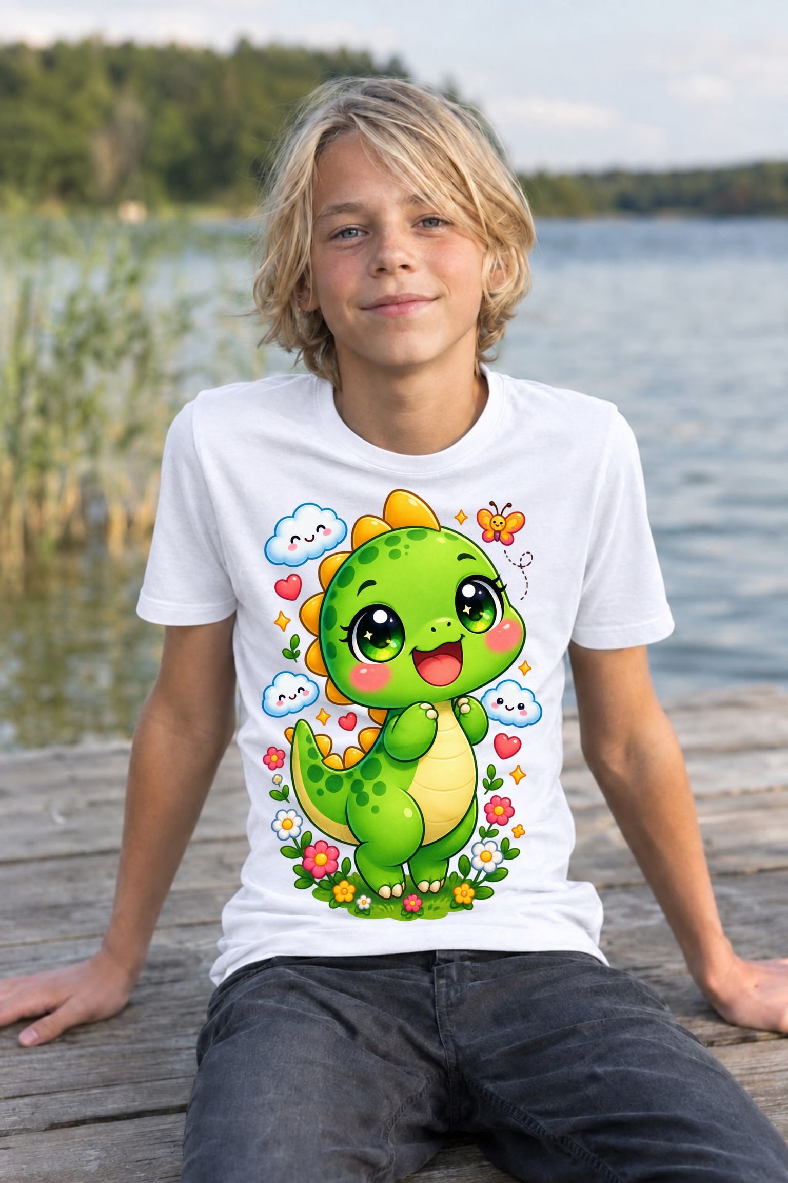Koszulka z dinozaurem dla chłopca biała słodki kawaii z chmurkami, zdjęcie 4