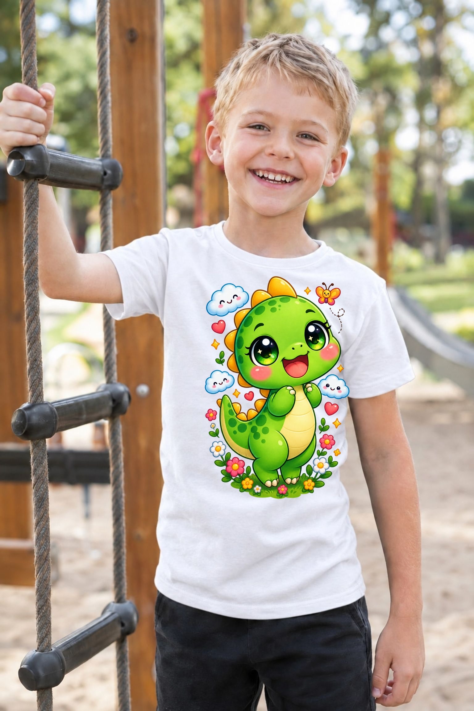 Koszulka z dinozaurem dla chłopca biała słodki kawaii z chmurkami, zdjęcie 6